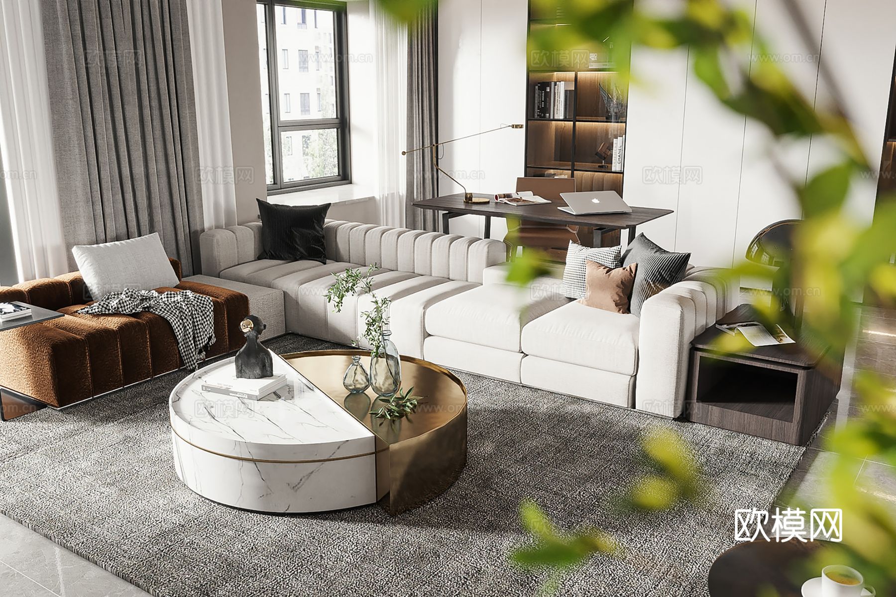 现代别墅高级灰卧室餐厅客厅大平层效果图下载（渲染图1）