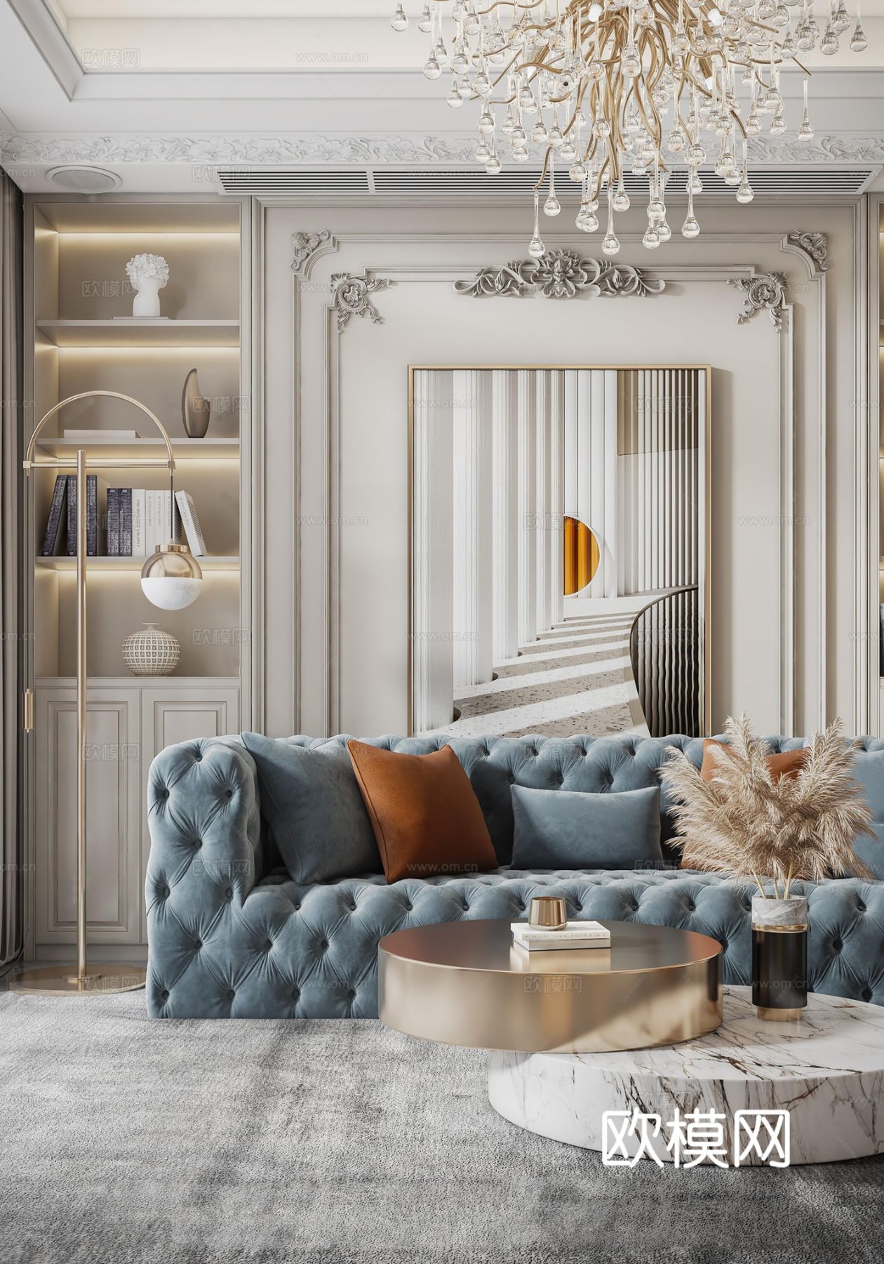 欧美侘寂风别墅高级灰卧室餐厅客厅大平层效果图下载（渲染图6）