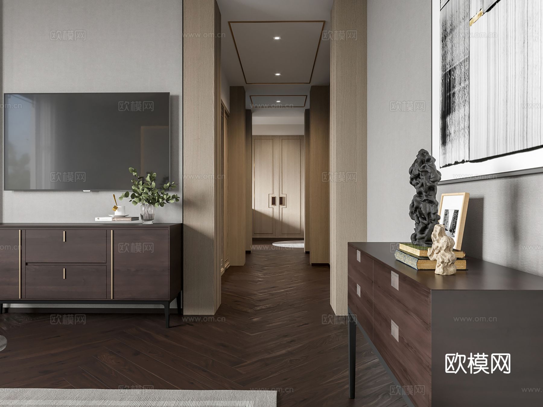 新中式侘寂风别墅高级灰卧室餐厅客厅大平层效果图下载（渲染图4）