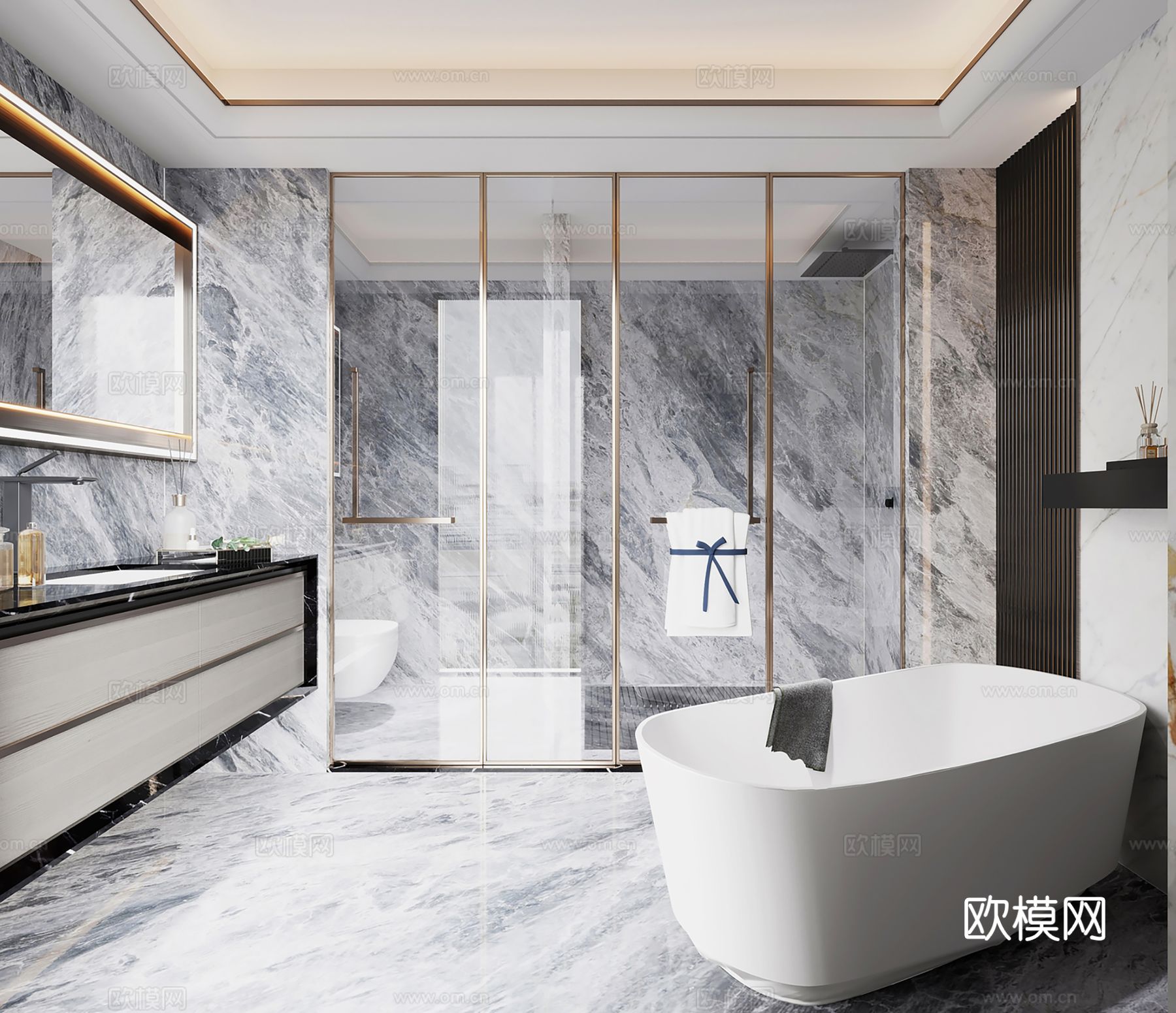 现代别墅高级灰卧室餐厅客厅大平层效果图下载（渲染图13）