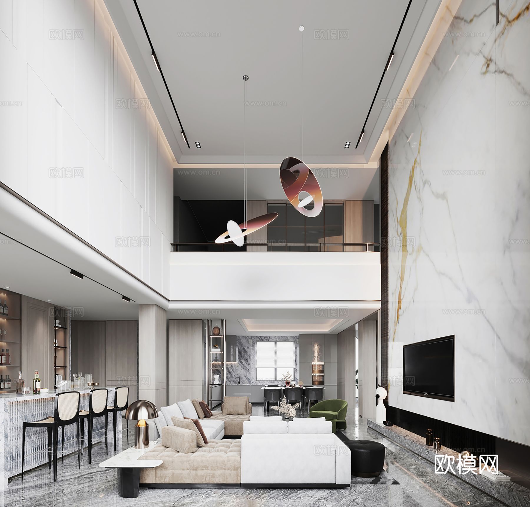 现代别墅高级灰卧室餐厅客厅大平层效果图下载（渲染图11）