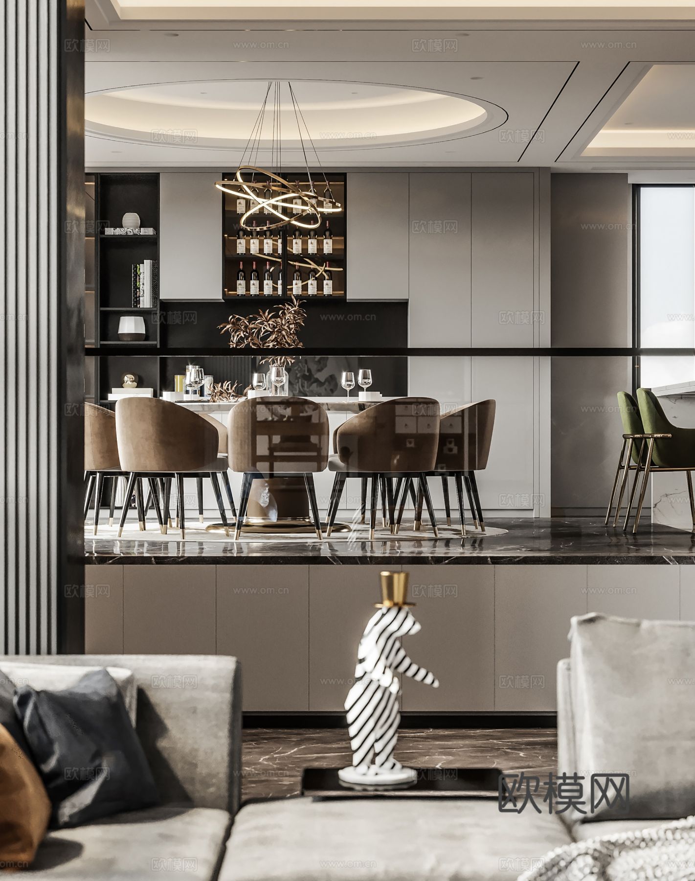 现代别墅高级灰卧室餐厅客厅大平层效果图下载（渲染图2）