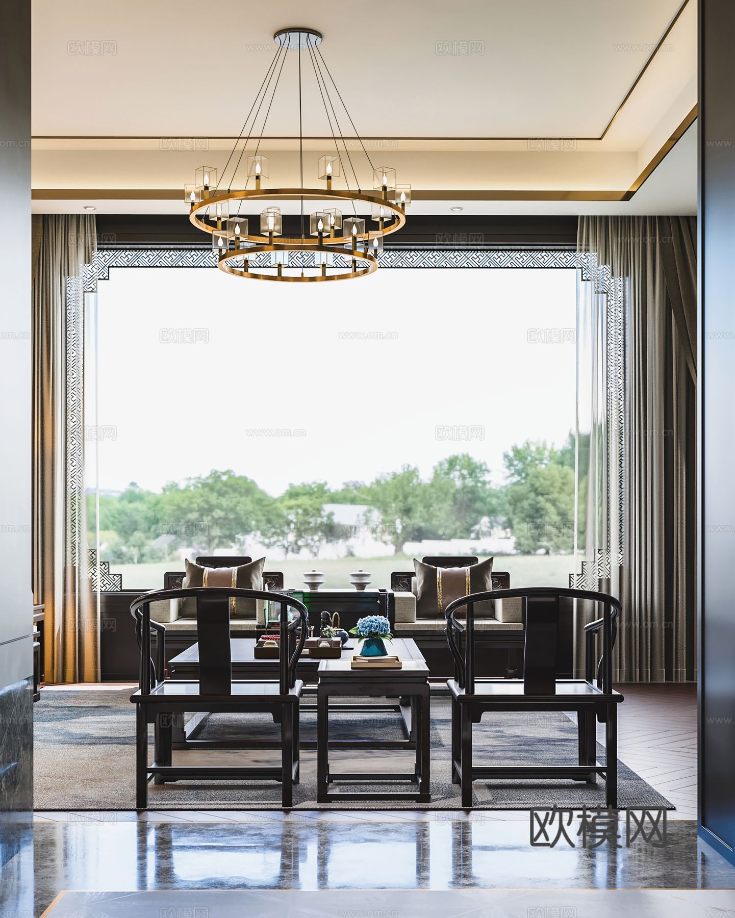 新中式侘寂风别墅高级灰卧室餐厅客厅大平层效果图下载（渲染图6）