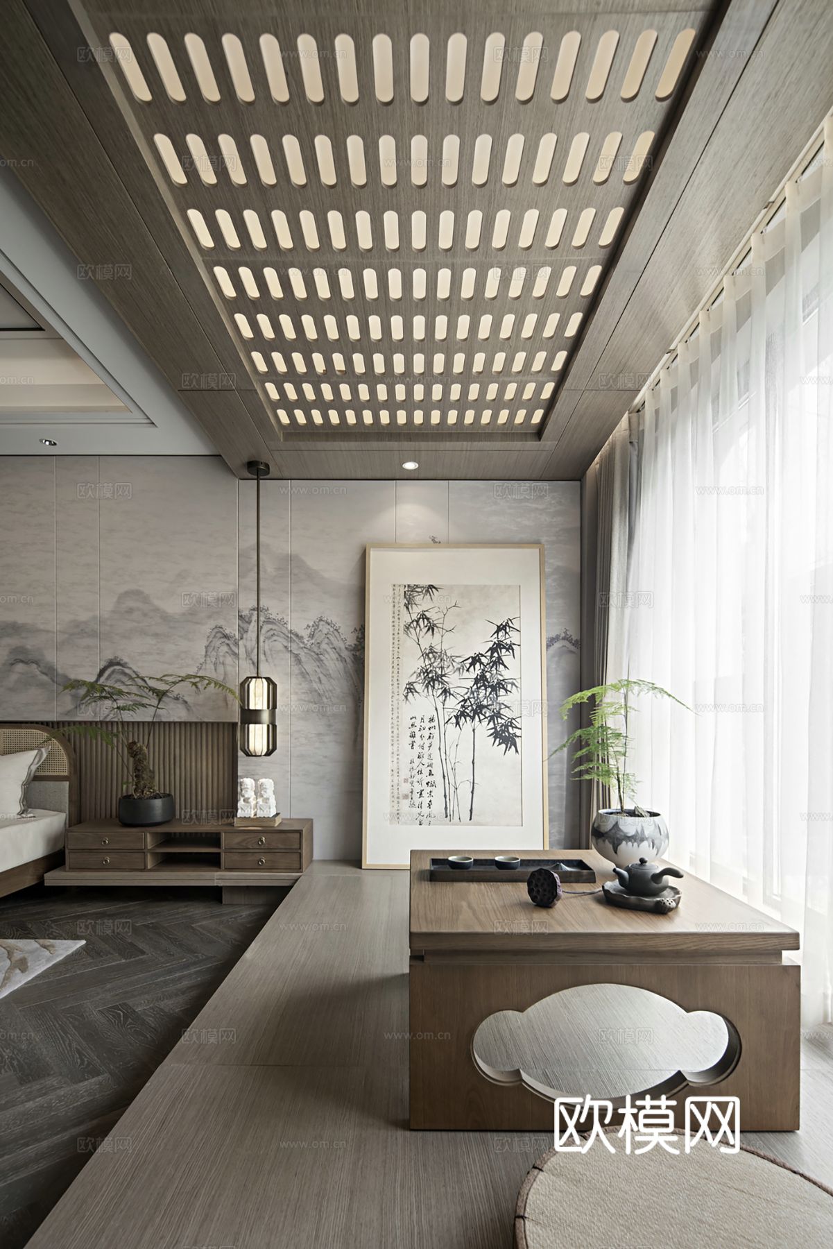 新中式侘寂风别墅高级灰卧室餐厅客厅大平层效果图下载（渲染图10）