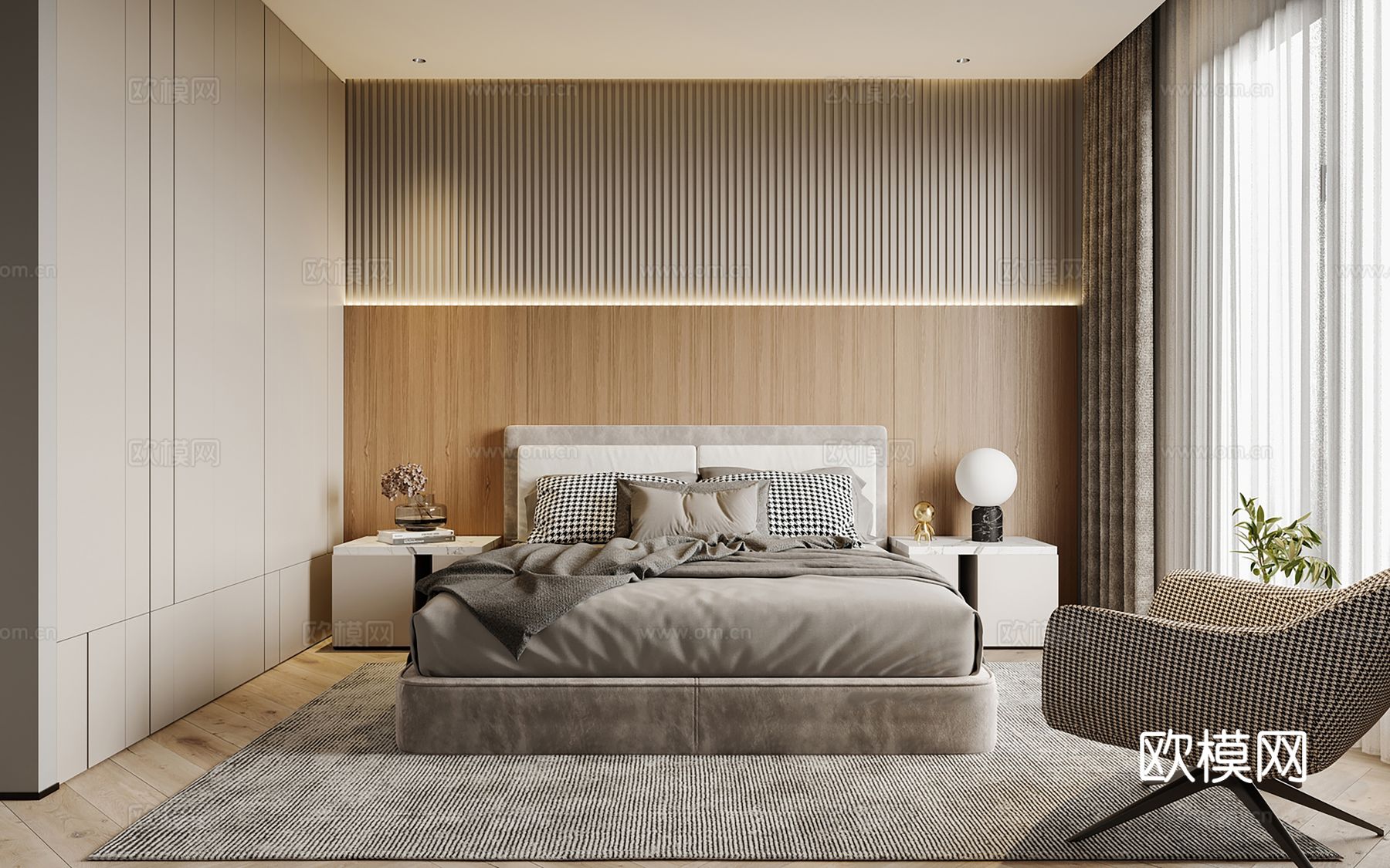 现代别墅高级灰卧室餐厅客厅大平层效果图下载（渲染图4）