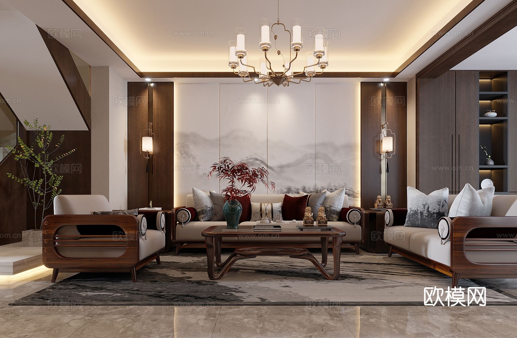 新中式侘寂风别墅高级灰卧室餐厅客厅大平层效果图下载（渲染图3）