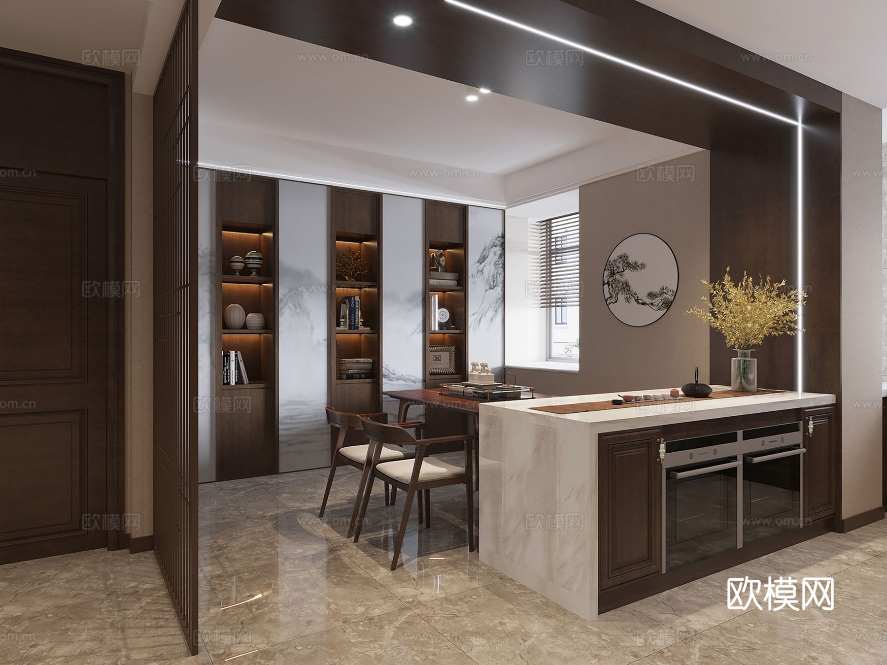 新中式侘寂风别墅高级灰卧室餐厅客厅大平层效果图下载（渲染图4）