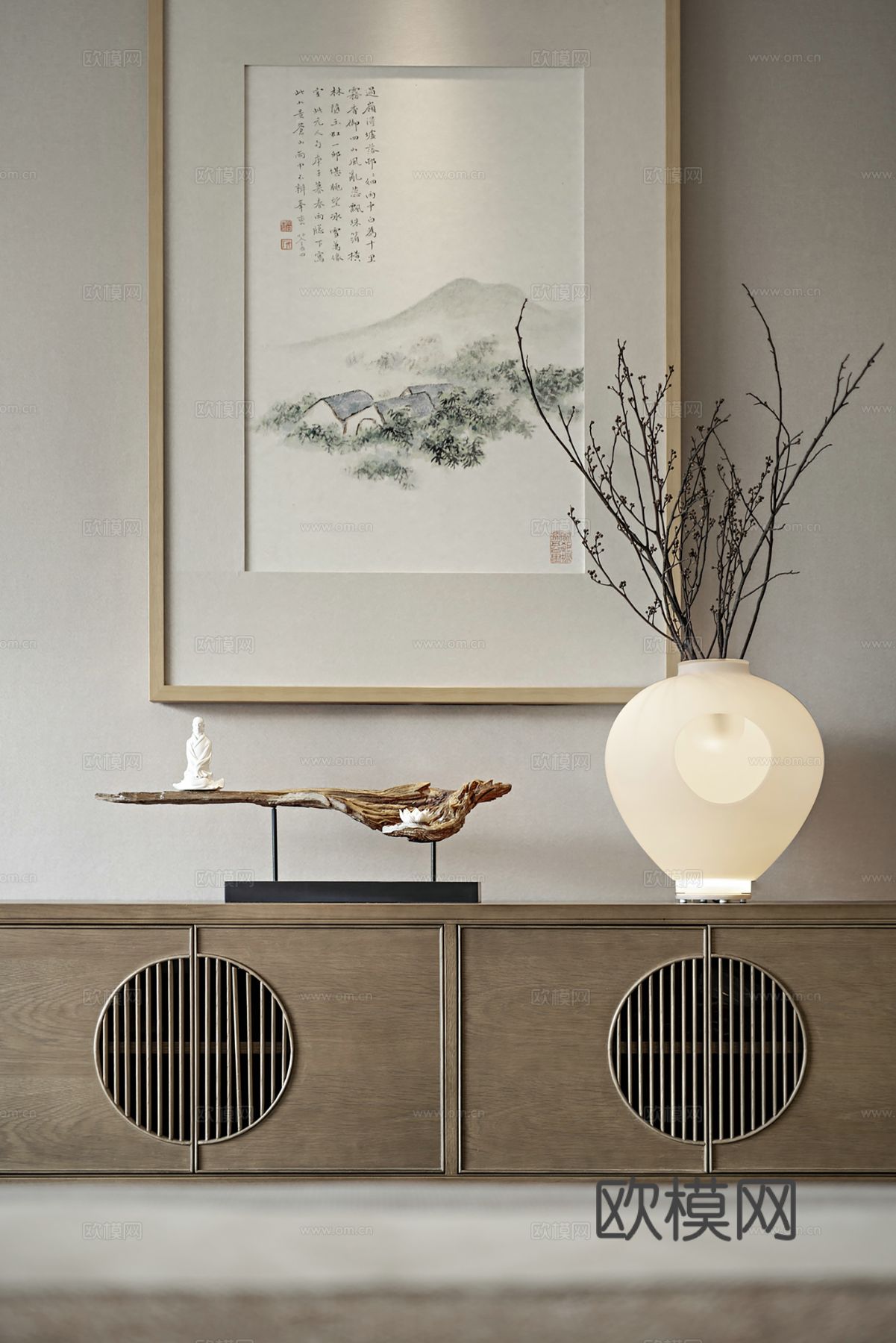 新中式侘寂风别墅高级灰卧室餐厅客厅大平层效果图下载（渲染图7）