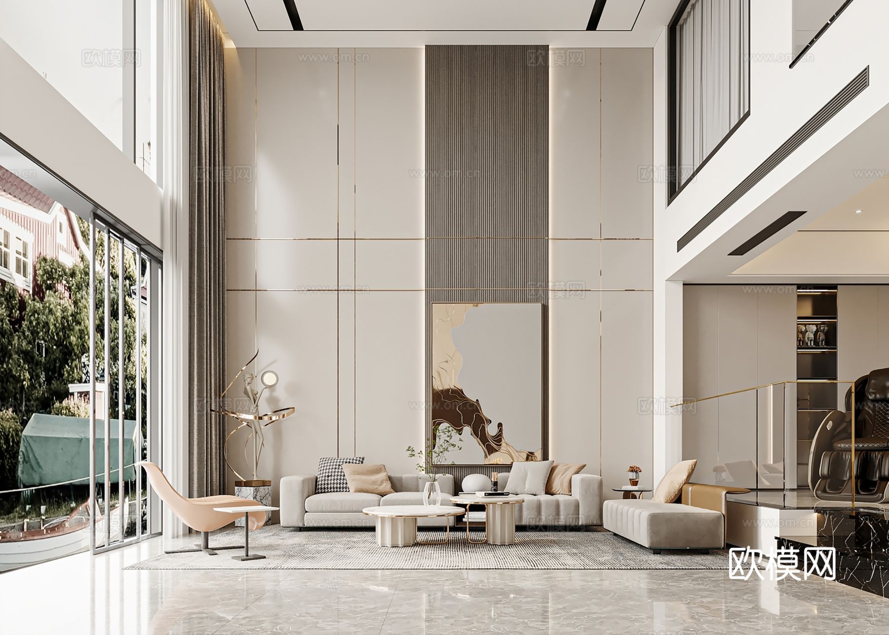 现代别墅高级灰卧室餐厅客厅大平层效果图下载（渲染图1）