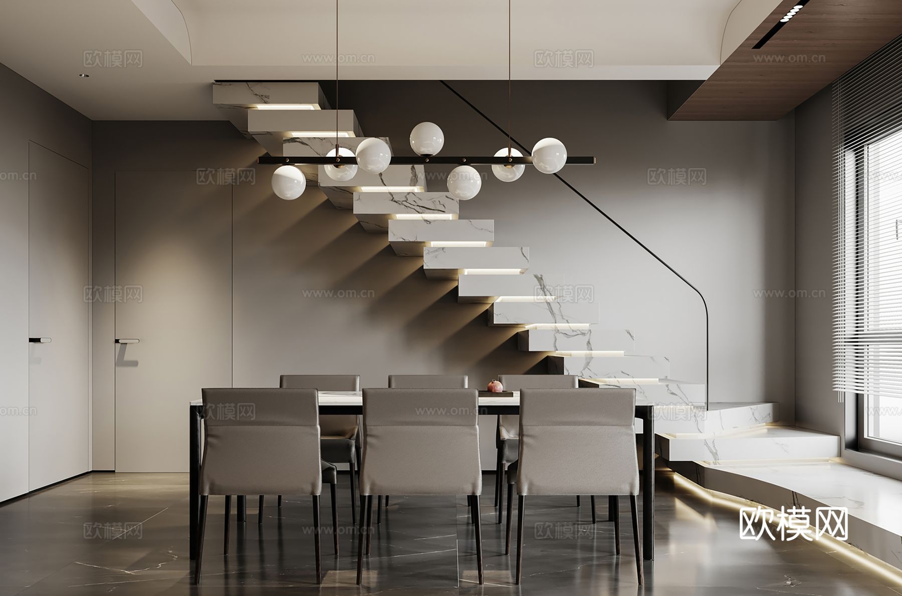 现代别墅高级灰卧室餐厅客厅大平层效果图下载（渲染图3）