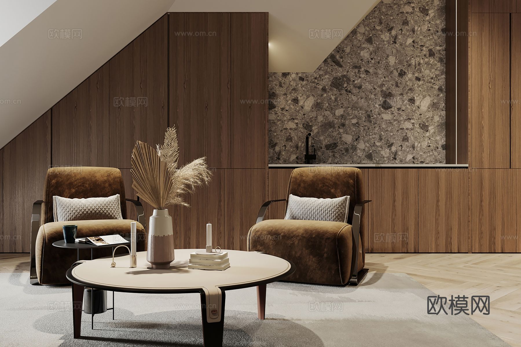 现代别墅高级灰卧室餐厅客厅大平层效果图下载（渲染图10）