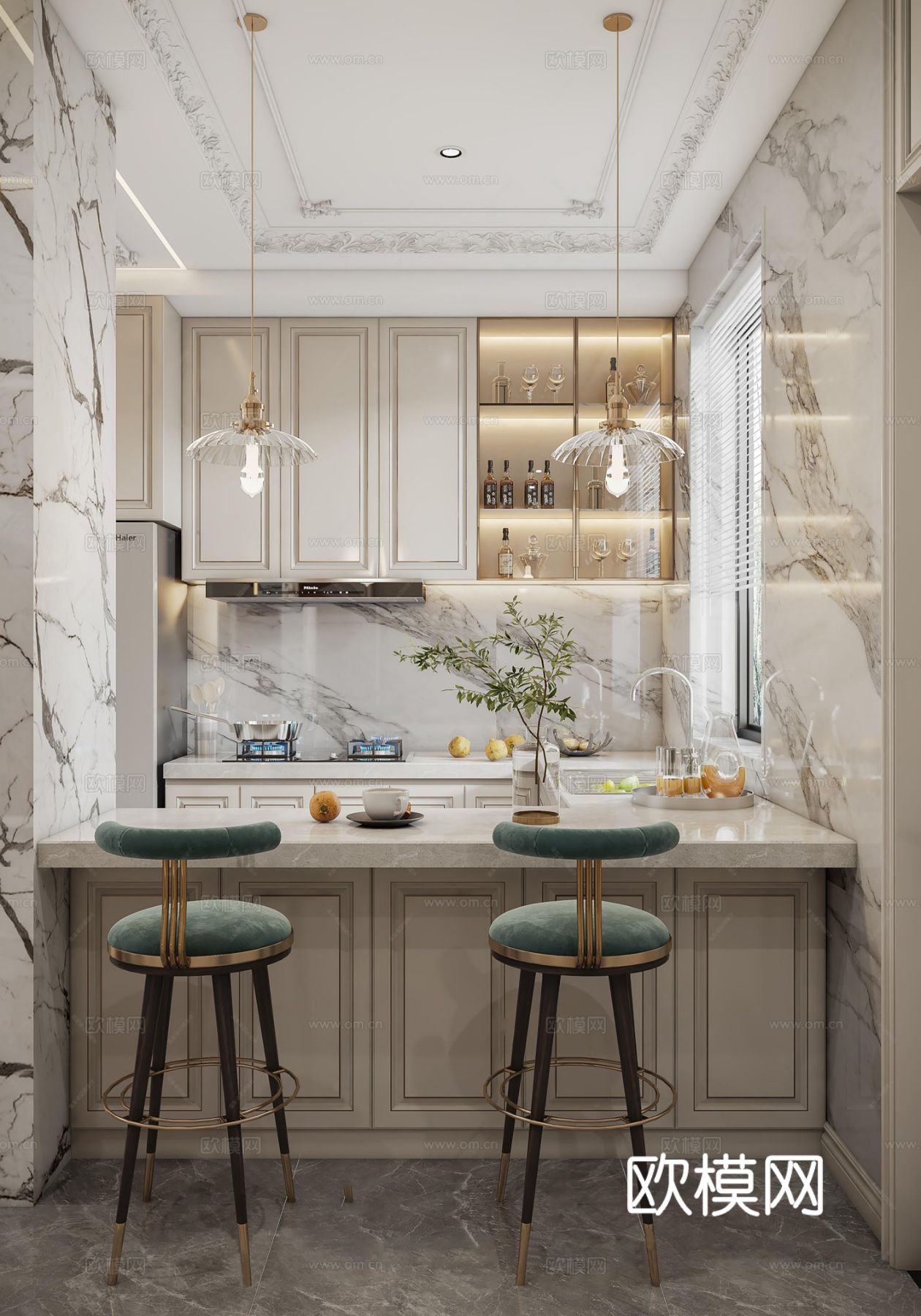 欧美侘寂风别墅高级灰卧室餐厅客厅大平层效果图下载（渲染图4）