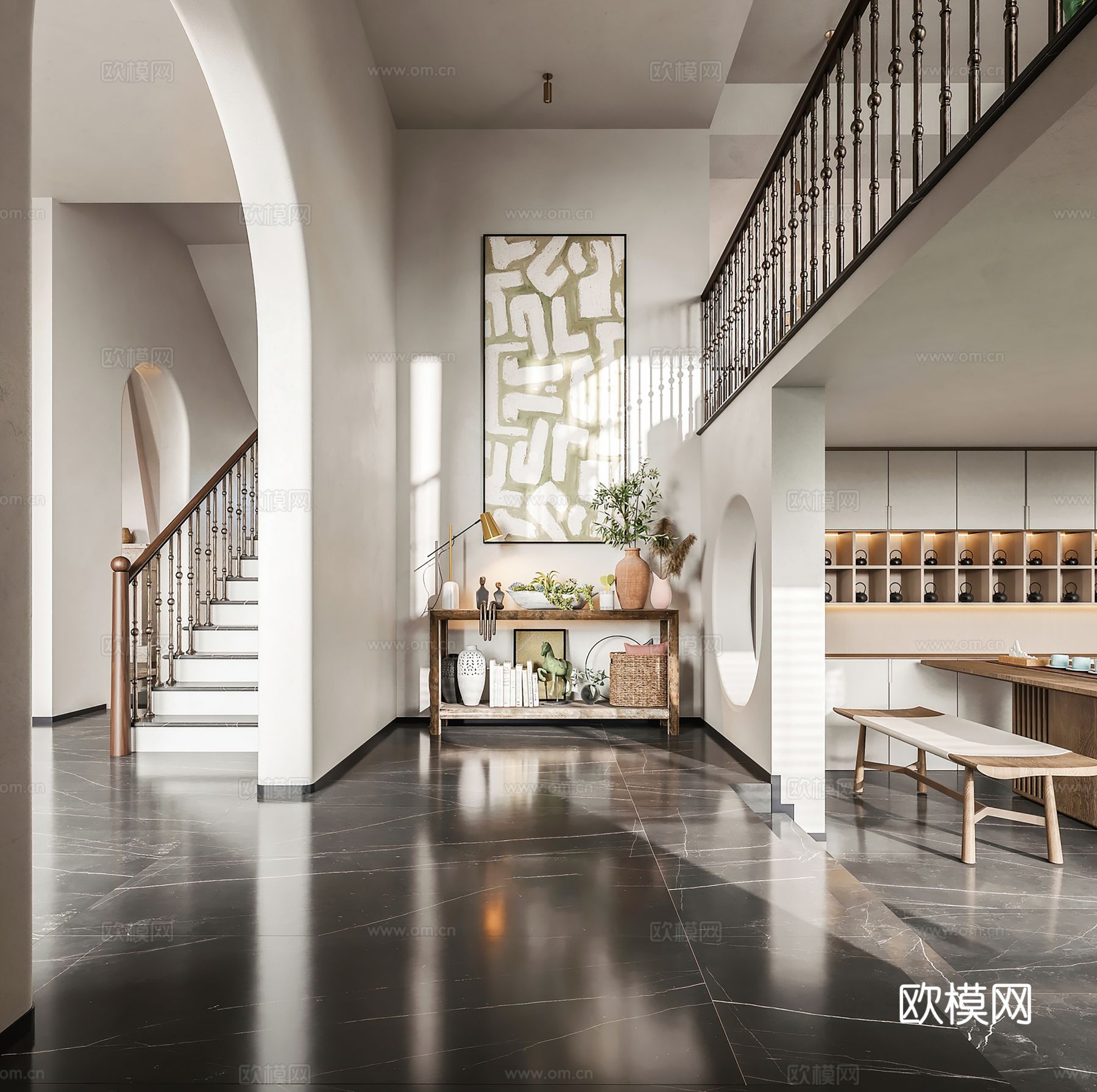 现代侘寂风别墅高级灰卧室餐厅客厅大平层效果图下载（渲染图12）
