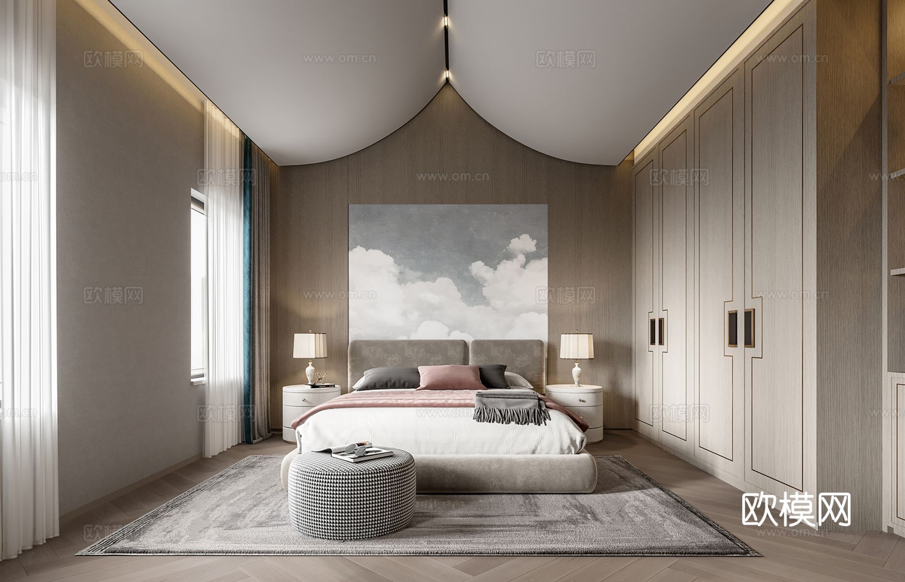 新中式侘寂风别墅高级灰卧室餐厅客厅大平层效果图下载（渲染图5）