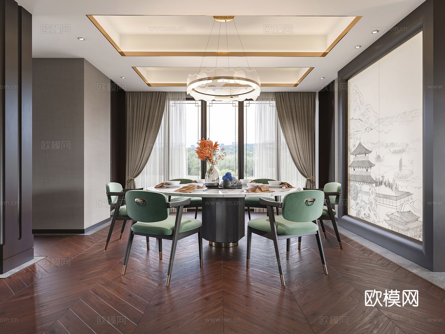 新中式侘寂风别墅高级灰卧室餐厅客厅大平层效果图下载（渲染图7）