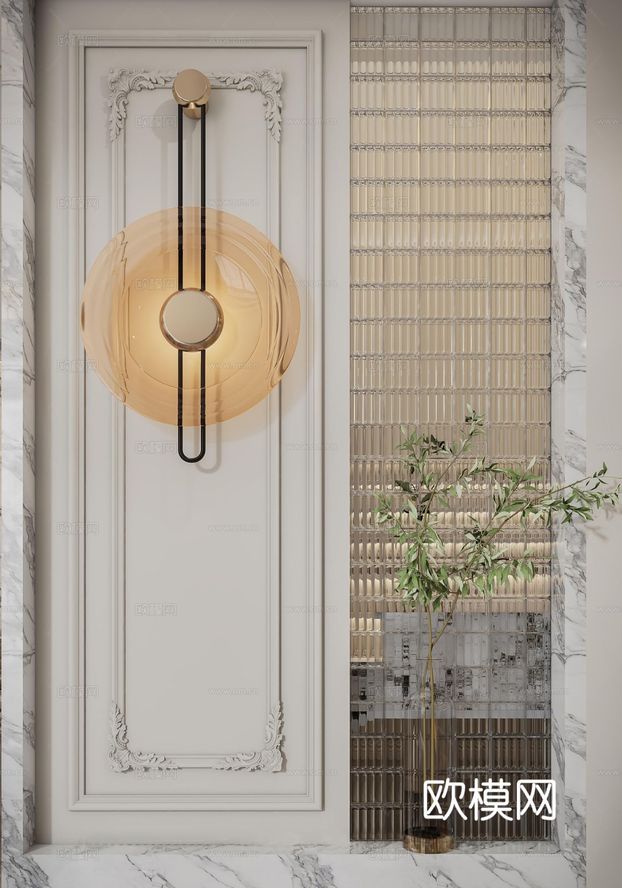 欧美侘寂风别墅高级灰卧室餐厅客厅大平层效果图下载（渲染图3）