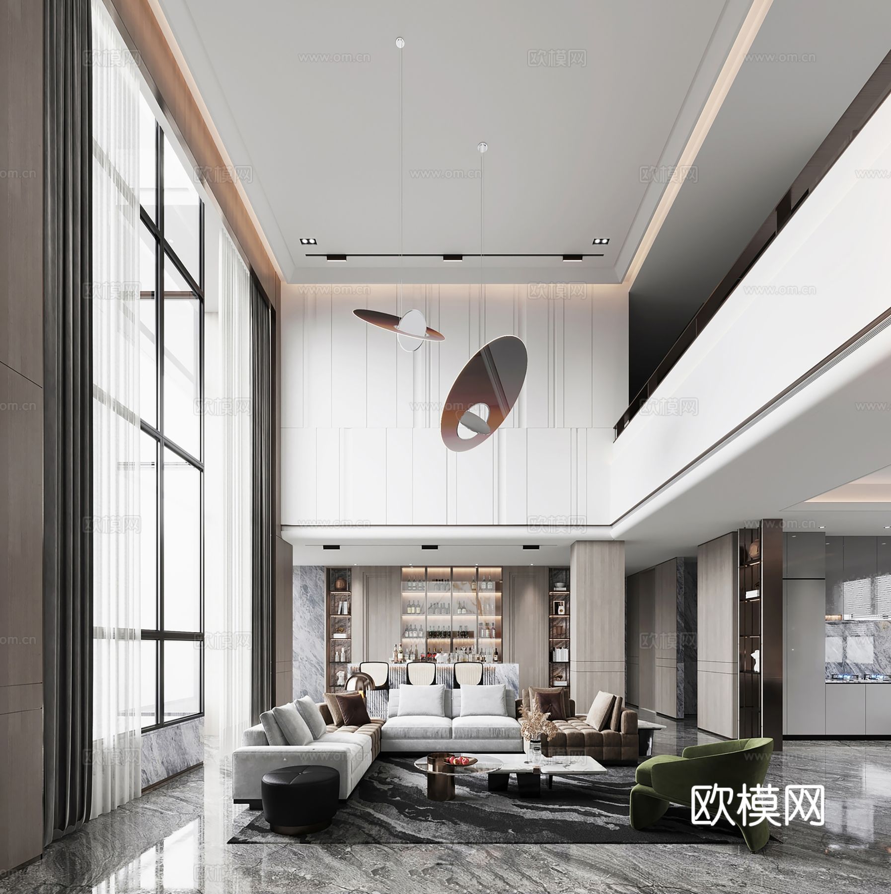 现代别墅高级灰卧室餐厅客厅大平层效果图下载（渲染图10）