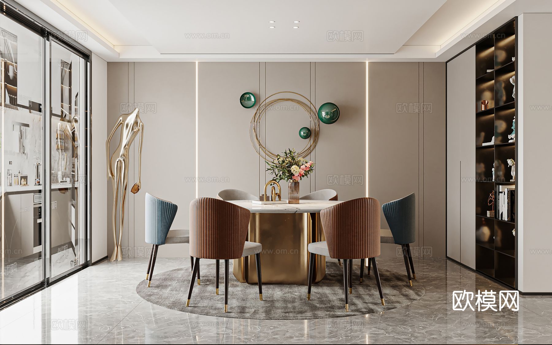 现代别墅高级灰卧室餐厅客厅大平层效果图下载（渲染图5）