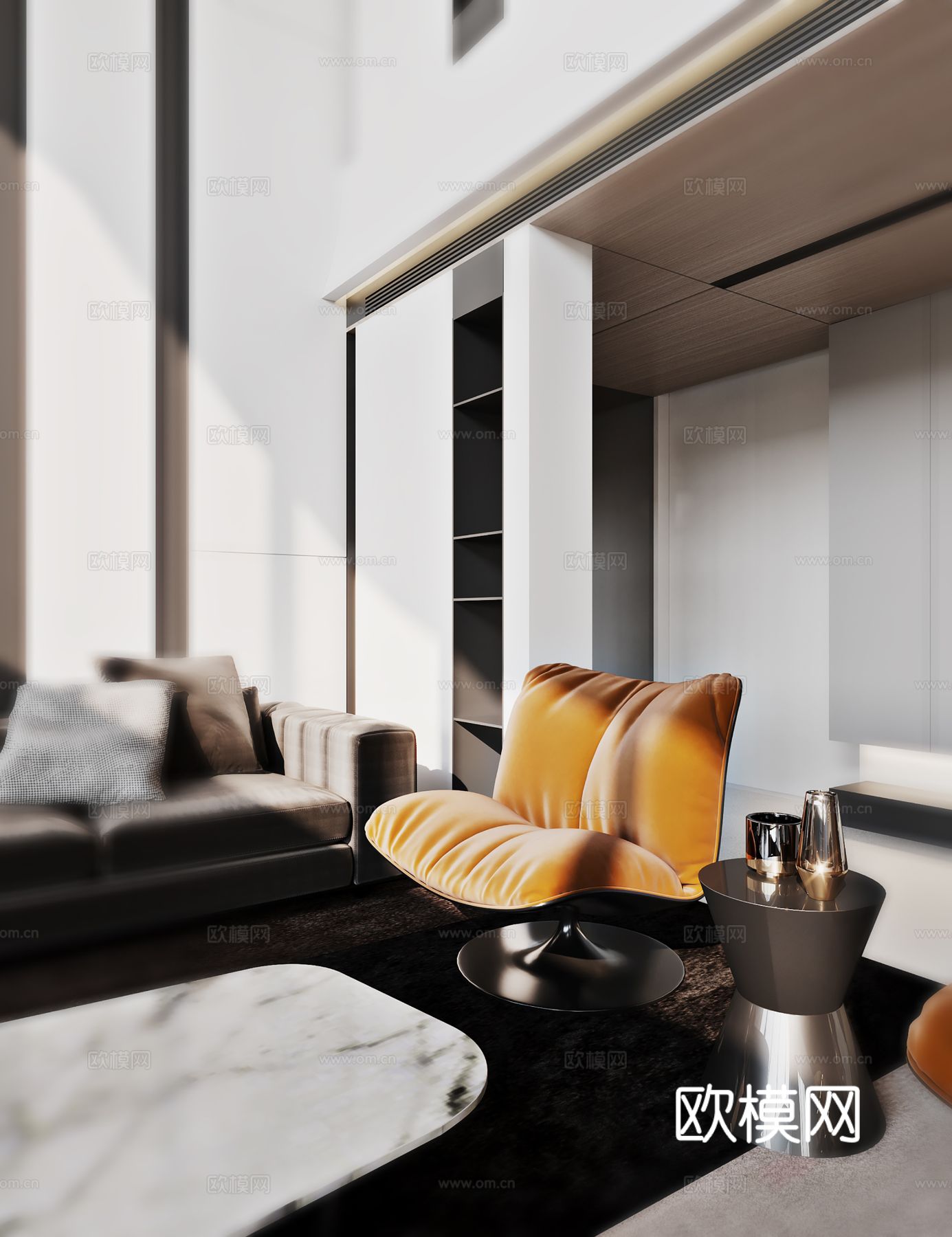 现代别墅高级灰卧室餐厅客厅大平层效果图下载（渲染图2）