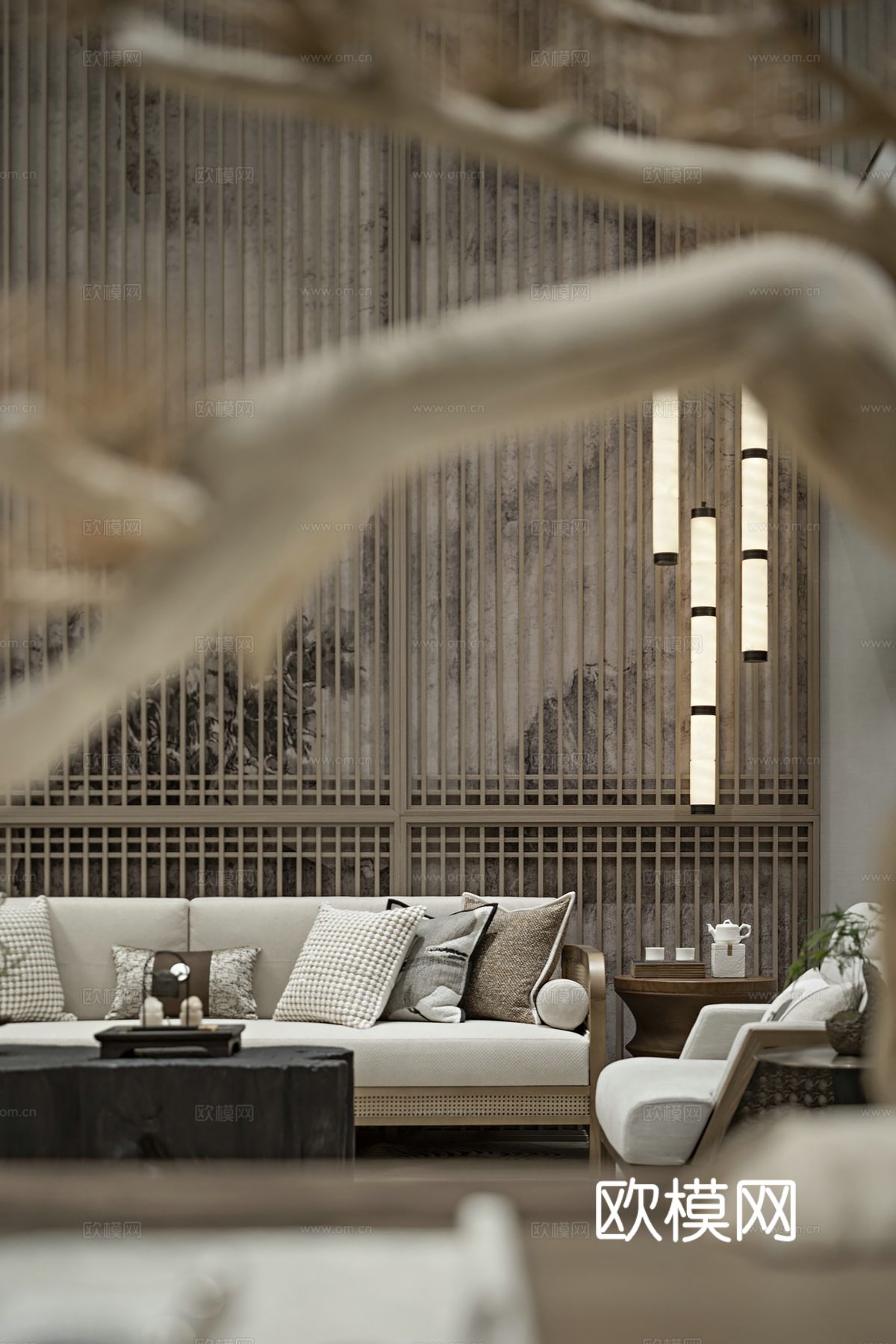 新中式侘寂风别墅高级灰卧室餐厅客厅大平层效果图下载（渲染图1）