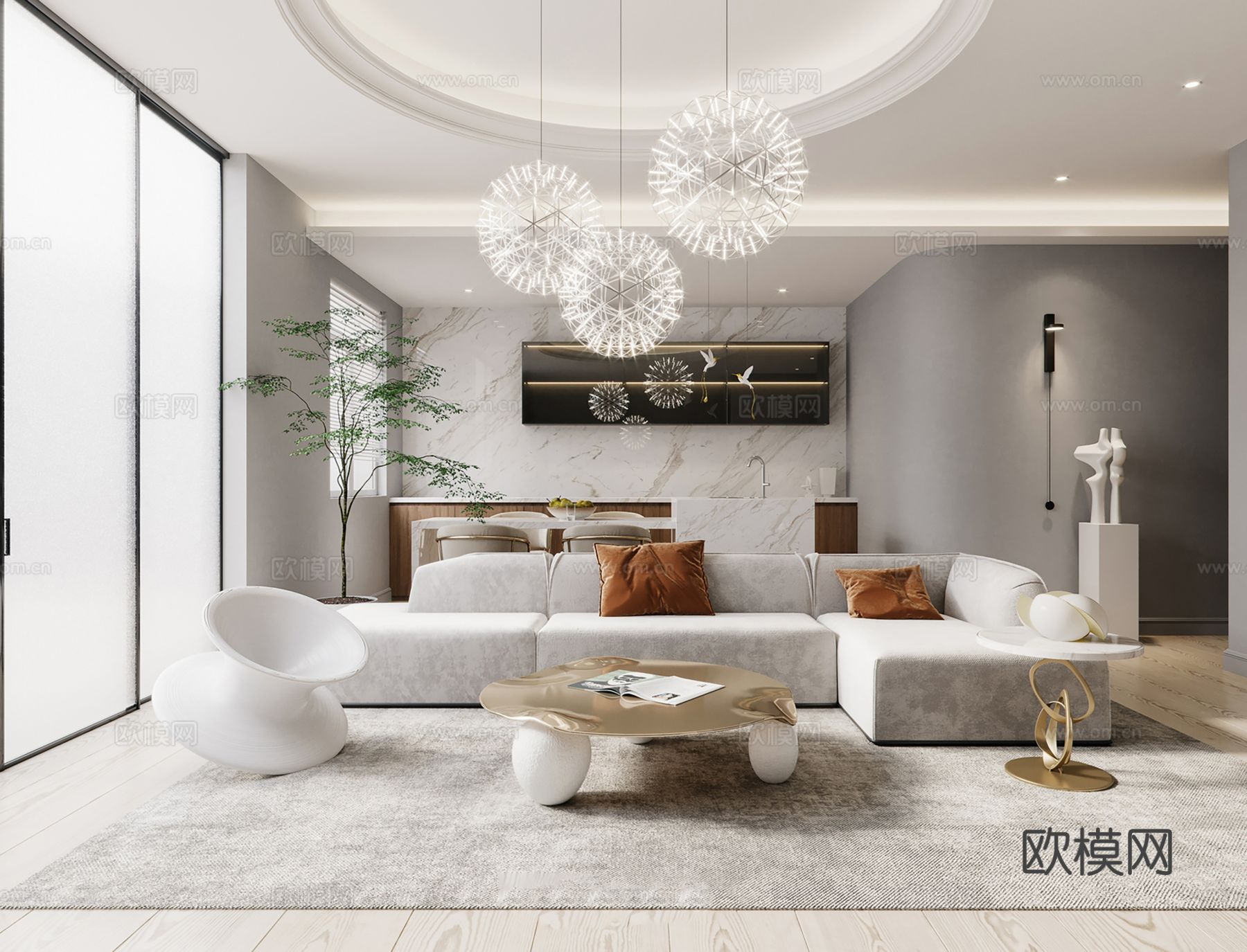 欧美侘寂风别墅高级灰卧室餐厅客厅大平层效果图下载（渲染图3）