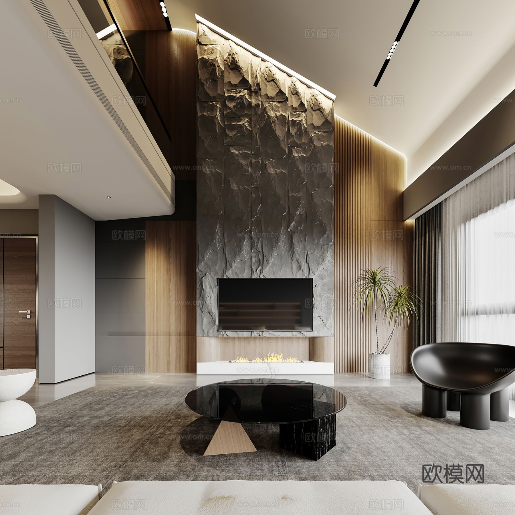 现代别墅高级灰卧室餐厅客厅大平层效果图下载（渲染图5）