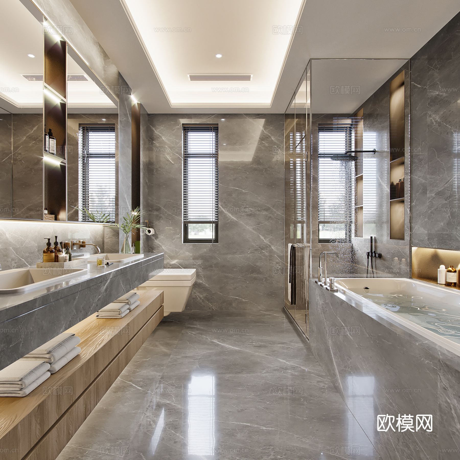 现代别墅高级灰卧室餐厅客厅大平层效果图下载（渲染图7）