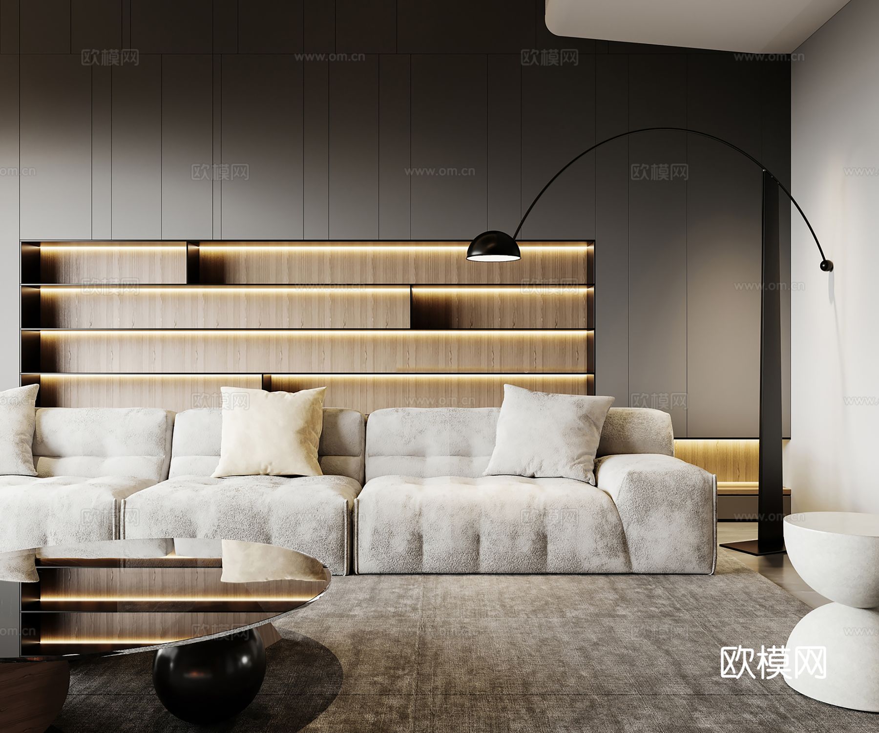 现代别墅高级灰卧室餐厅客厅大平层效果图下载（渲染图8）