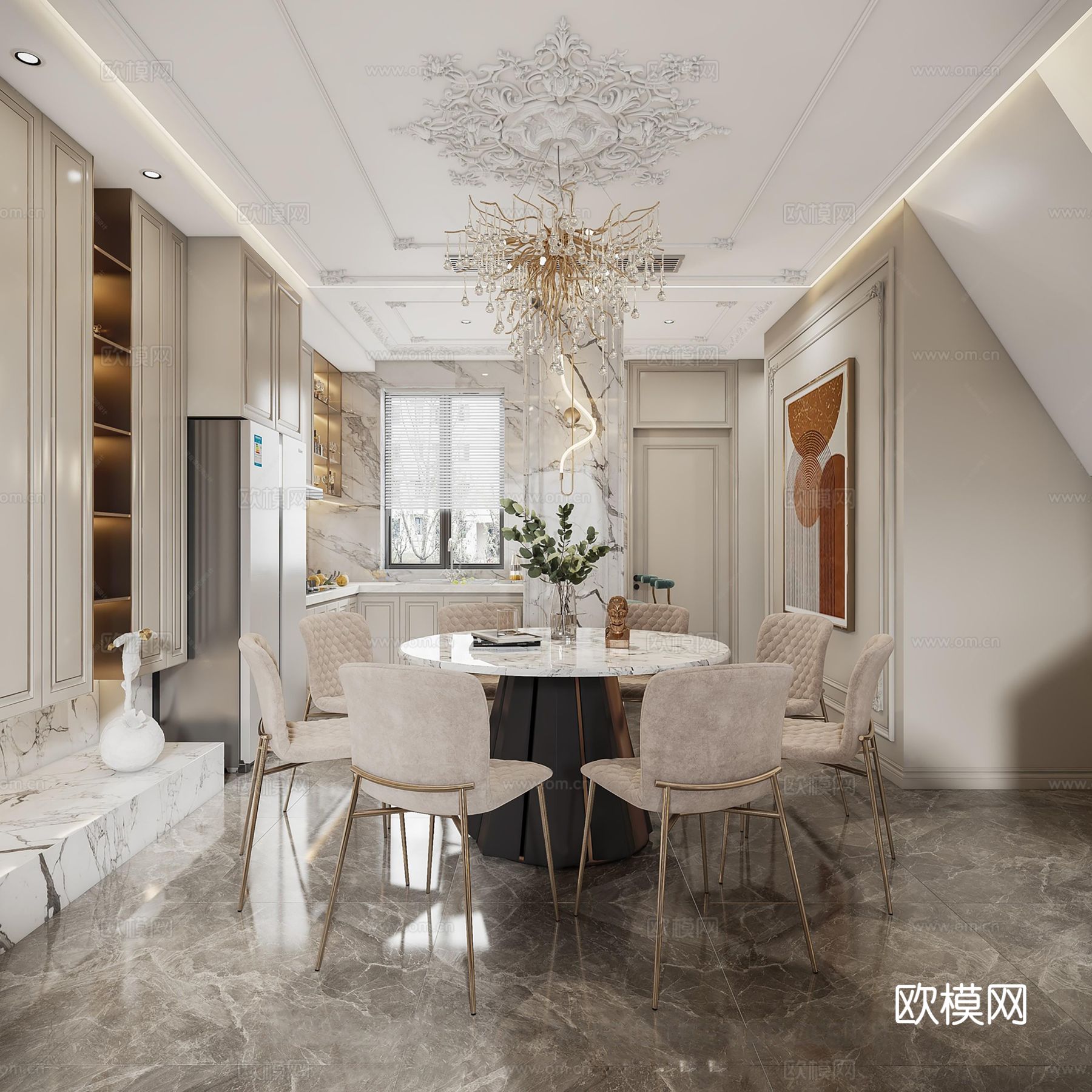 欧美侘寂风别墅高级灰卧室餐厅客厅大平层效果图下载（渲染图2）