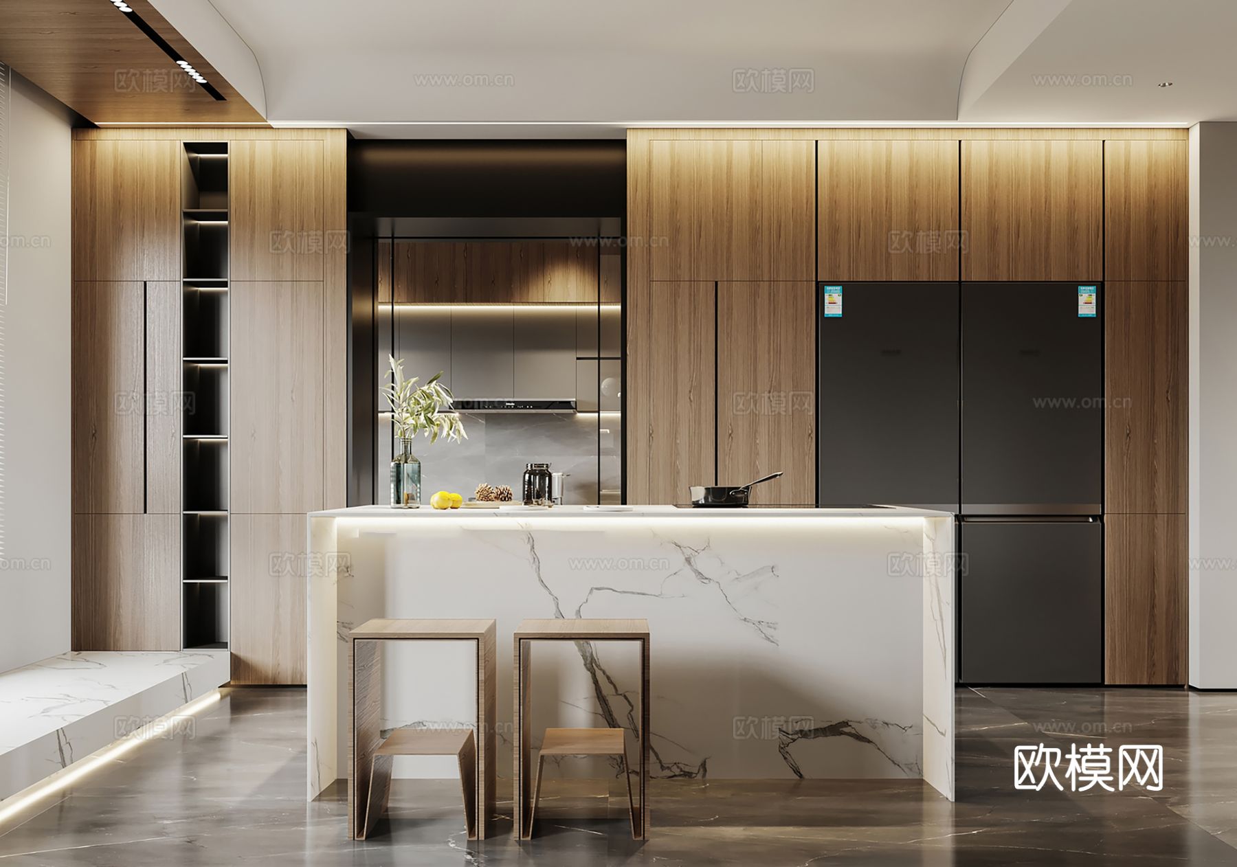 现代别墅高级灰卧室餐厅客厅大平层效果图下载（渲染图7）