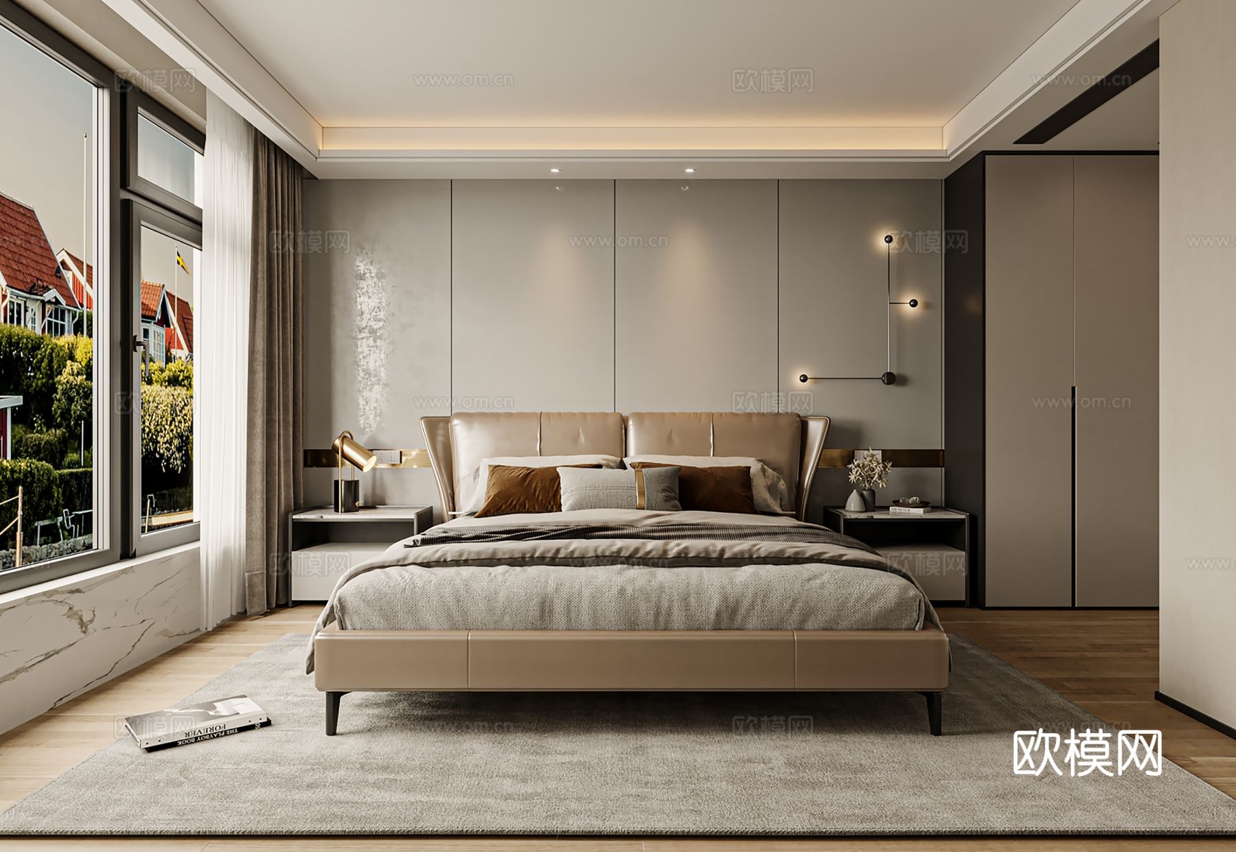 现代别墅高级灰卧室餐厅客厅大平层效果图下载（渲染图10）