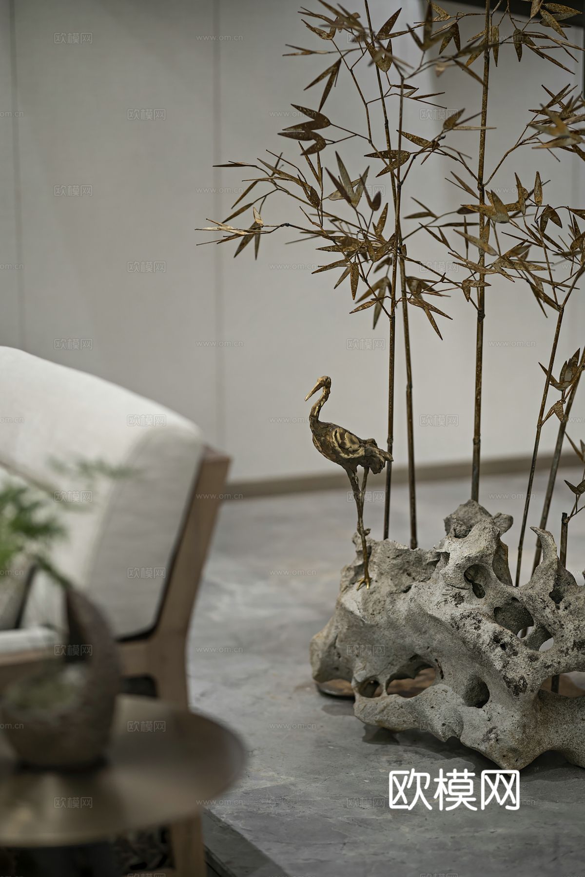 新中式侘寂风别墅高级灰卧室餐厅客厅大平层效果图下载（渲染图8）