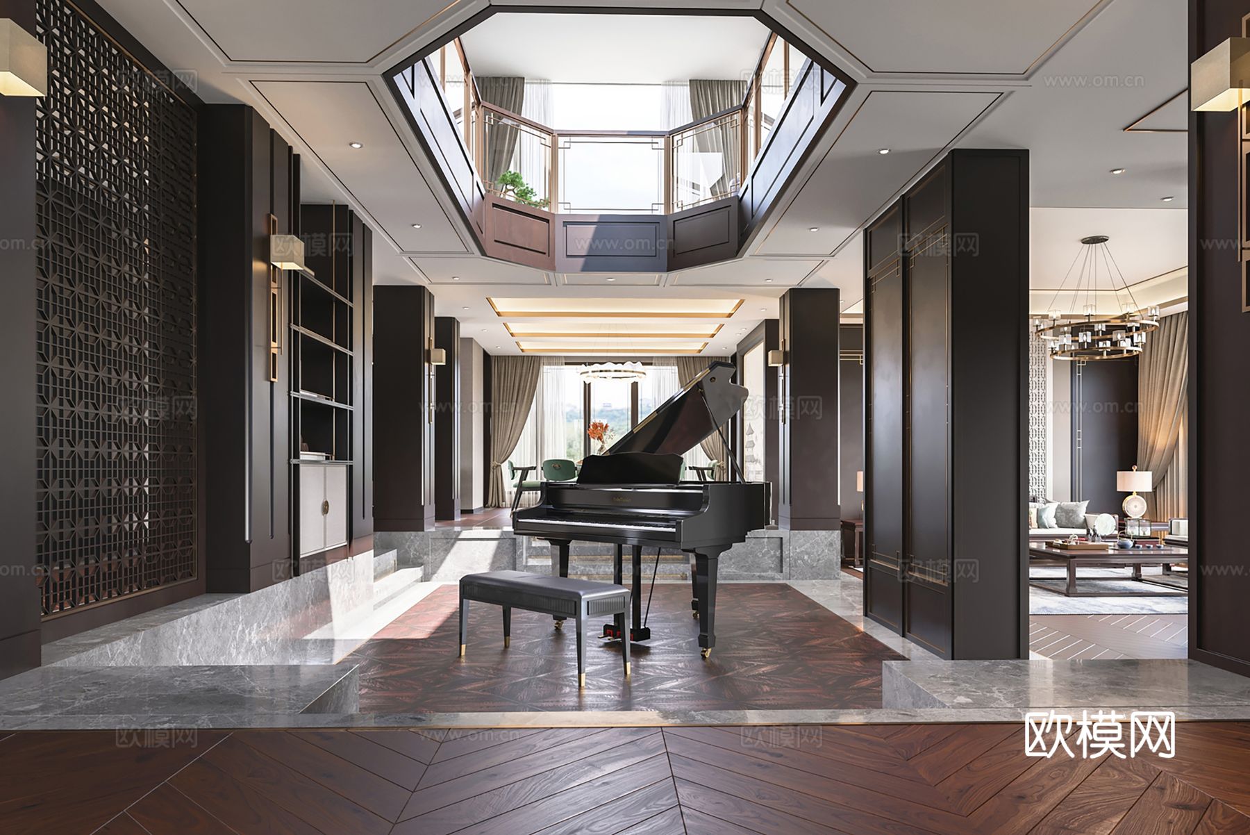 新中式侘寂风别墅高级灰卧室餐厅客厅大平层效果图下载（渲染图8）