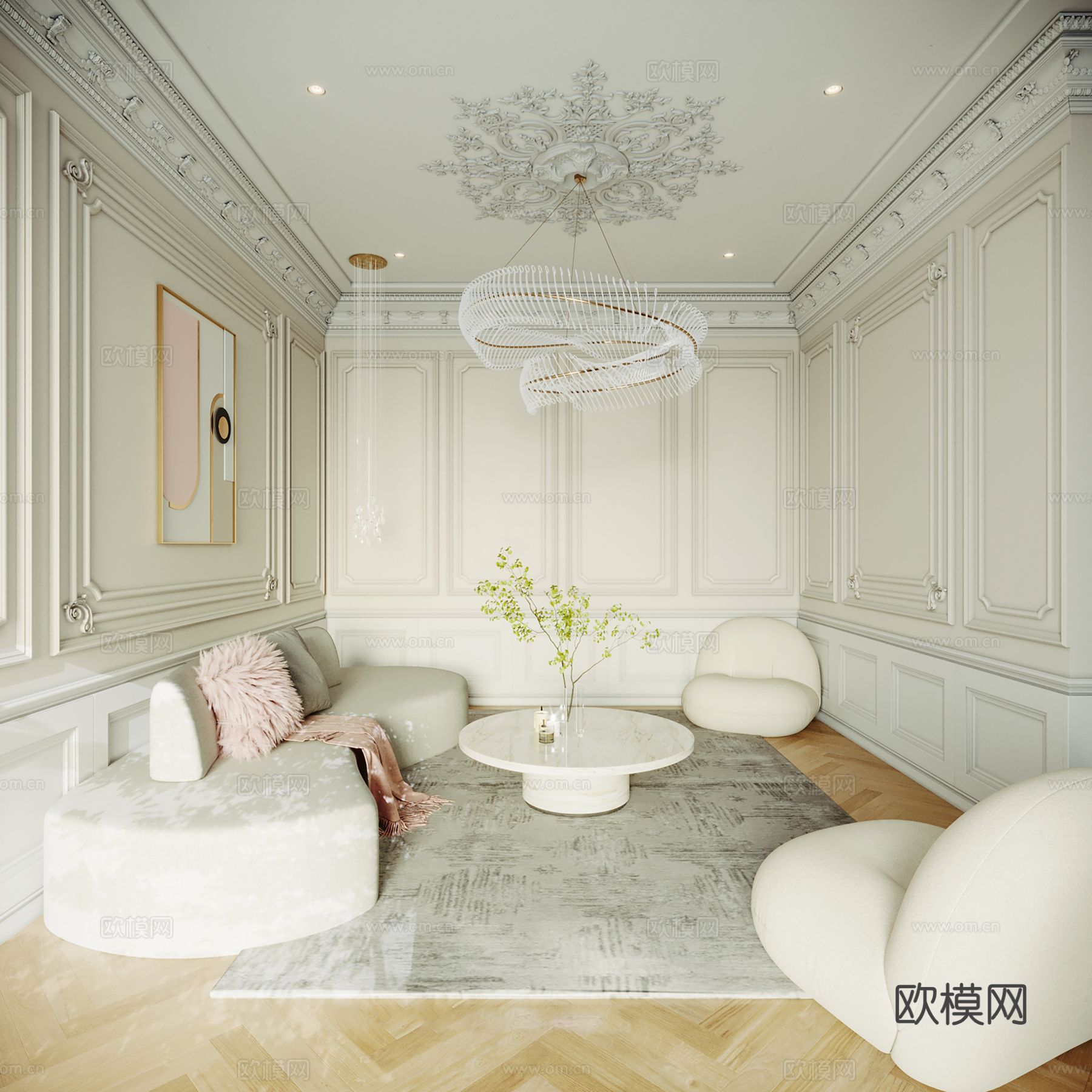 欧美侘寂风别墅高级灰卧室餐厅客厅大平层效果图下载（渲染图8）