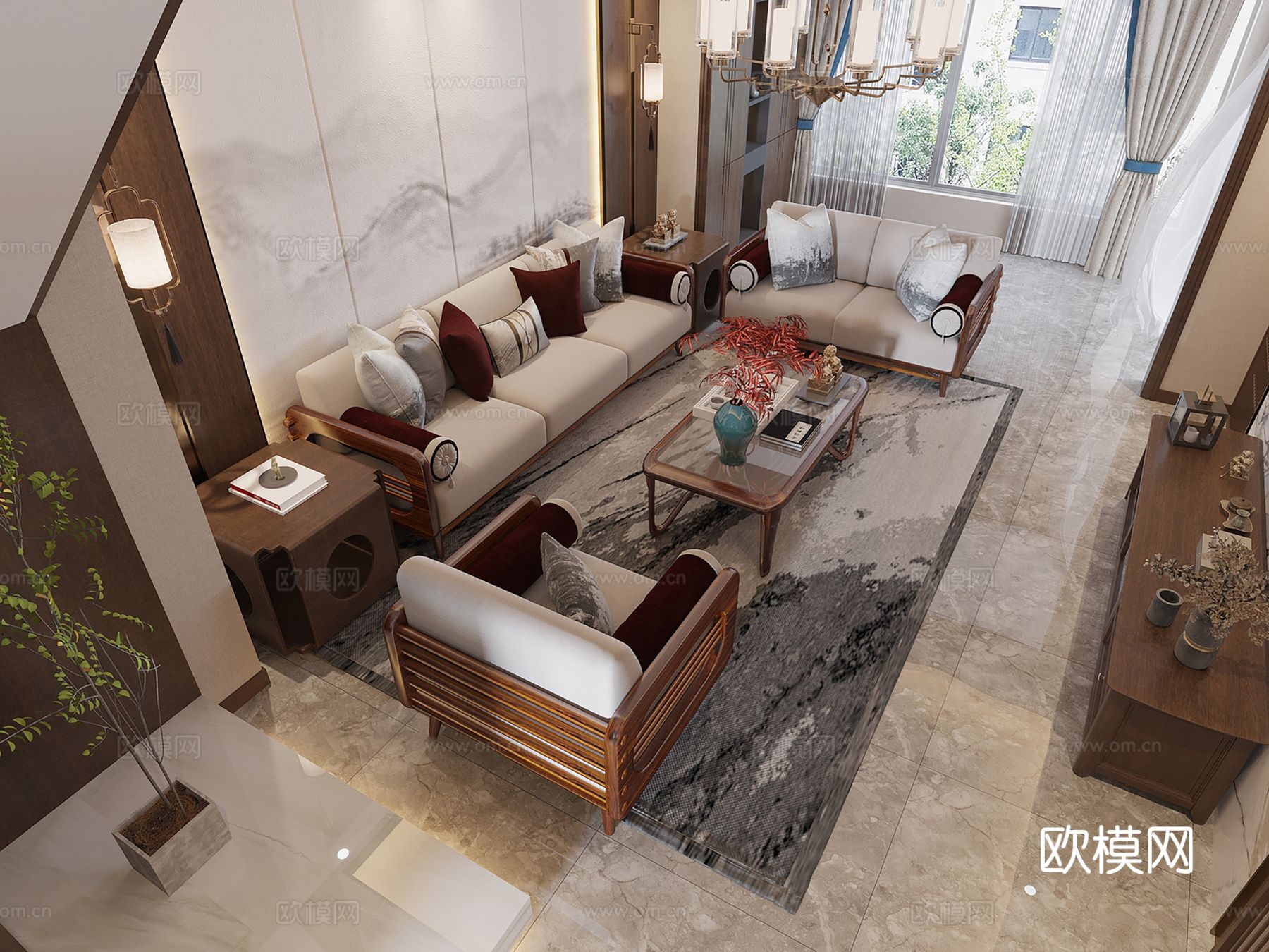 新中式侘寂风别墅高级灰卧室餐厅客厅大平层效果图下载（渲染图1）