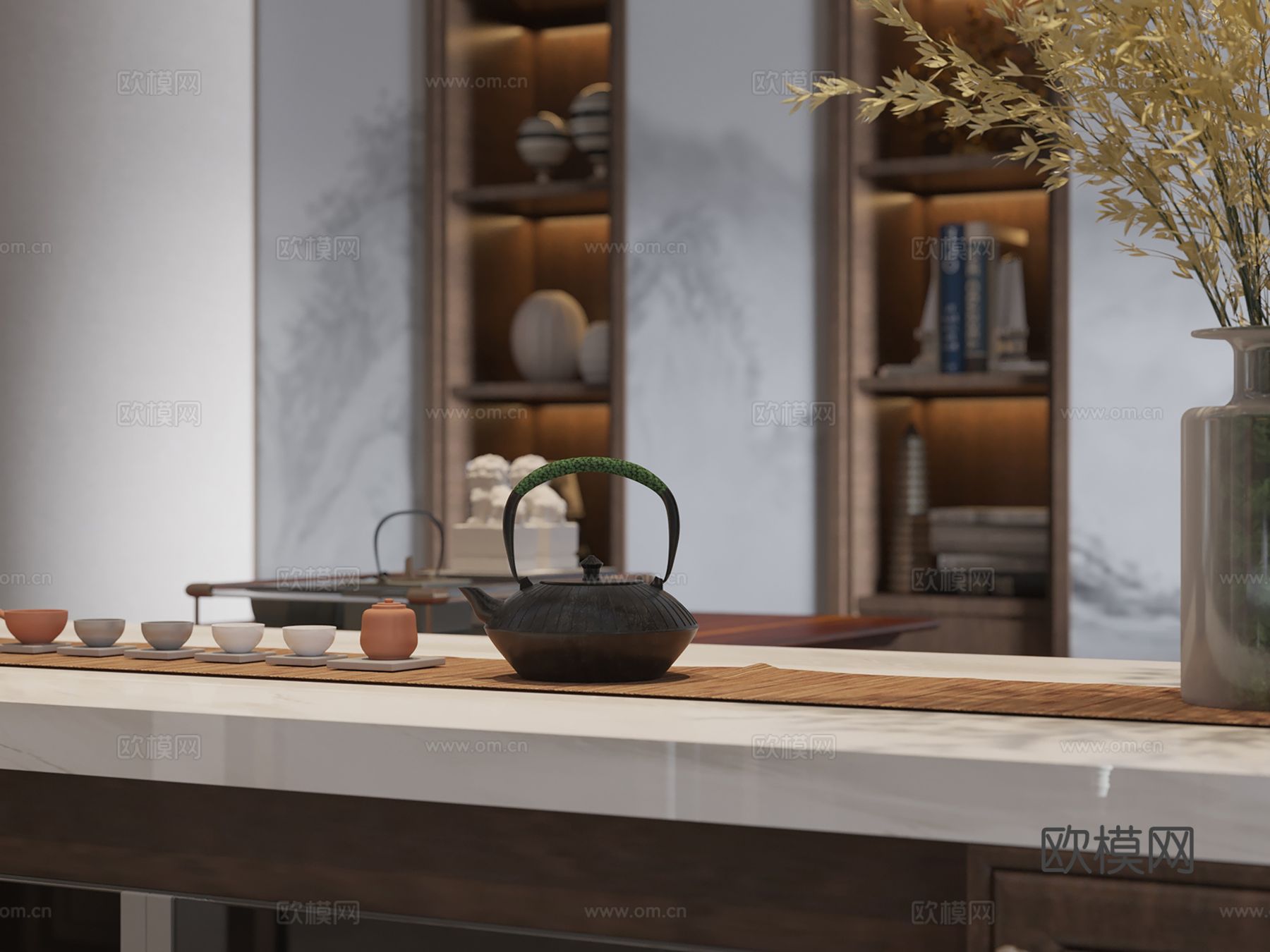 新中式侘寂风别墅高级灰卧室餐厅客厅大平层效果图下载（渲染图6）