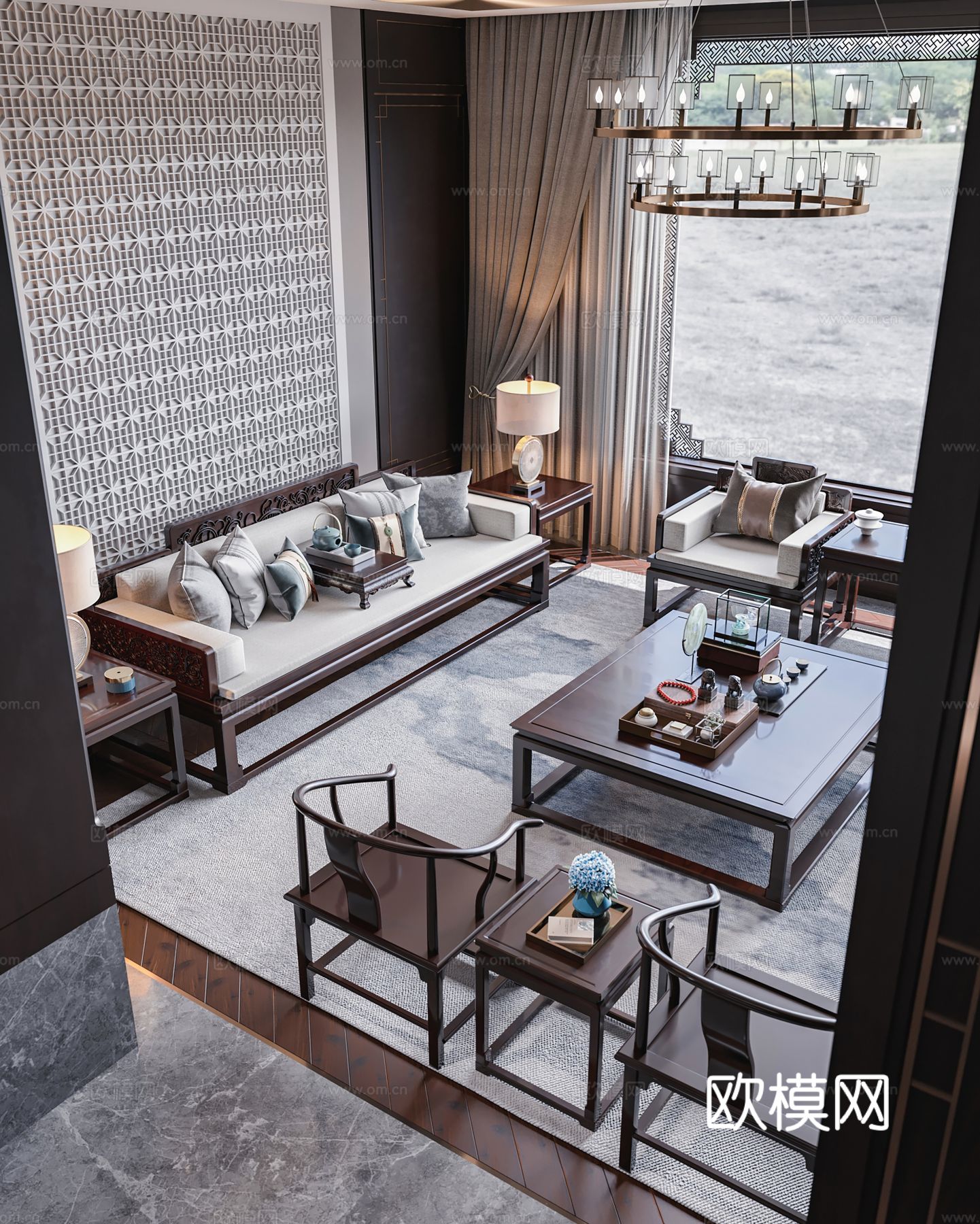 新中式侘寂风别墅高级灰卧室餐厅客厅大平层效果图下载（渲染图10）