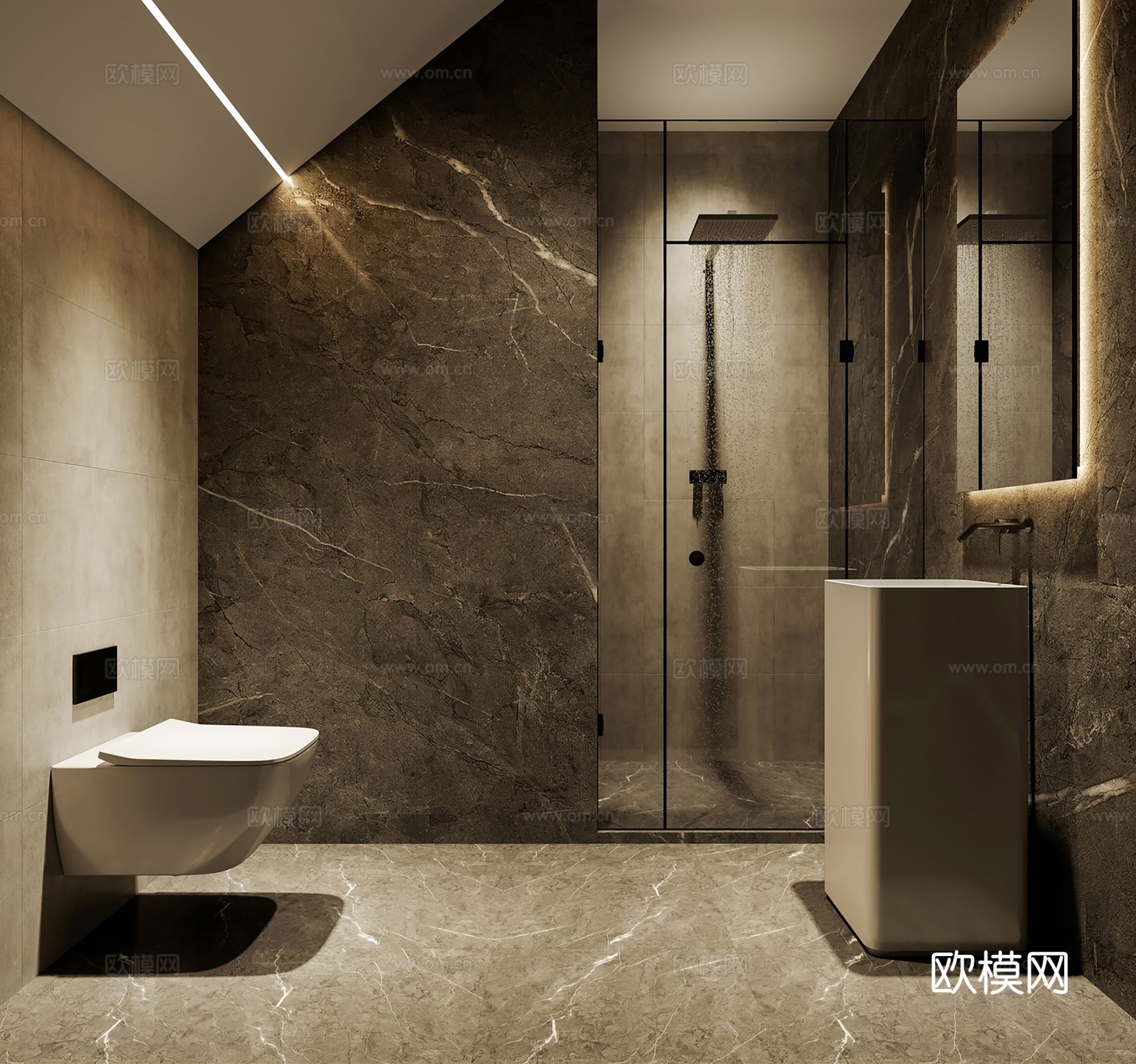 现代别墅高级灰卧室餐厅客厅大平层效果图下载（渲染图14）