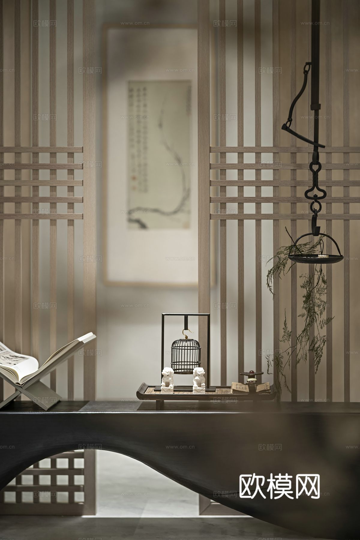 新中式侘寂风别墅高级灰卧室餐厅客厅大平层效果图下载（渲染图9）