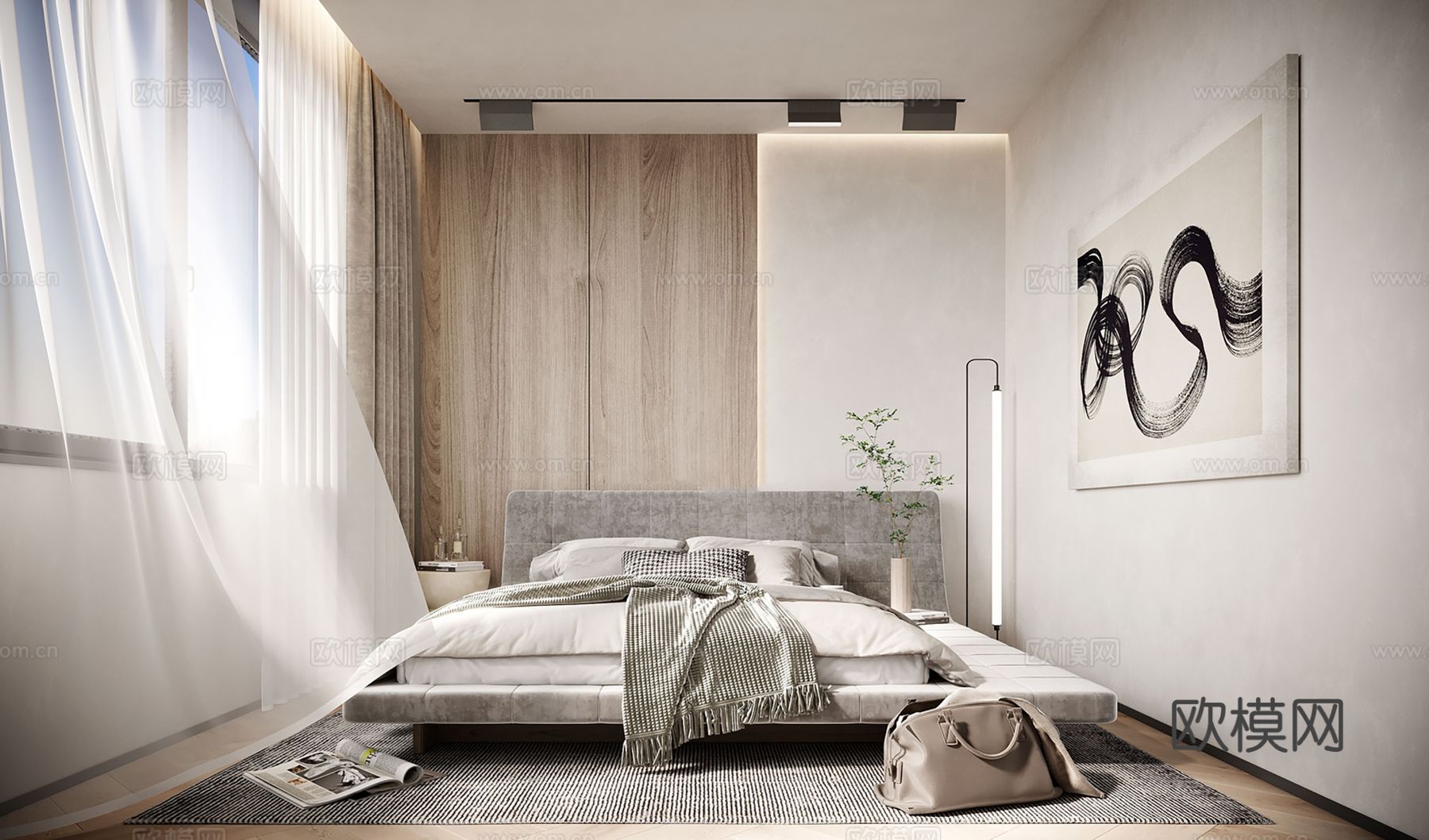 现代侘寂风别墅高级灰卧室餐厅客厅大平层效果图下载（渲染图6）