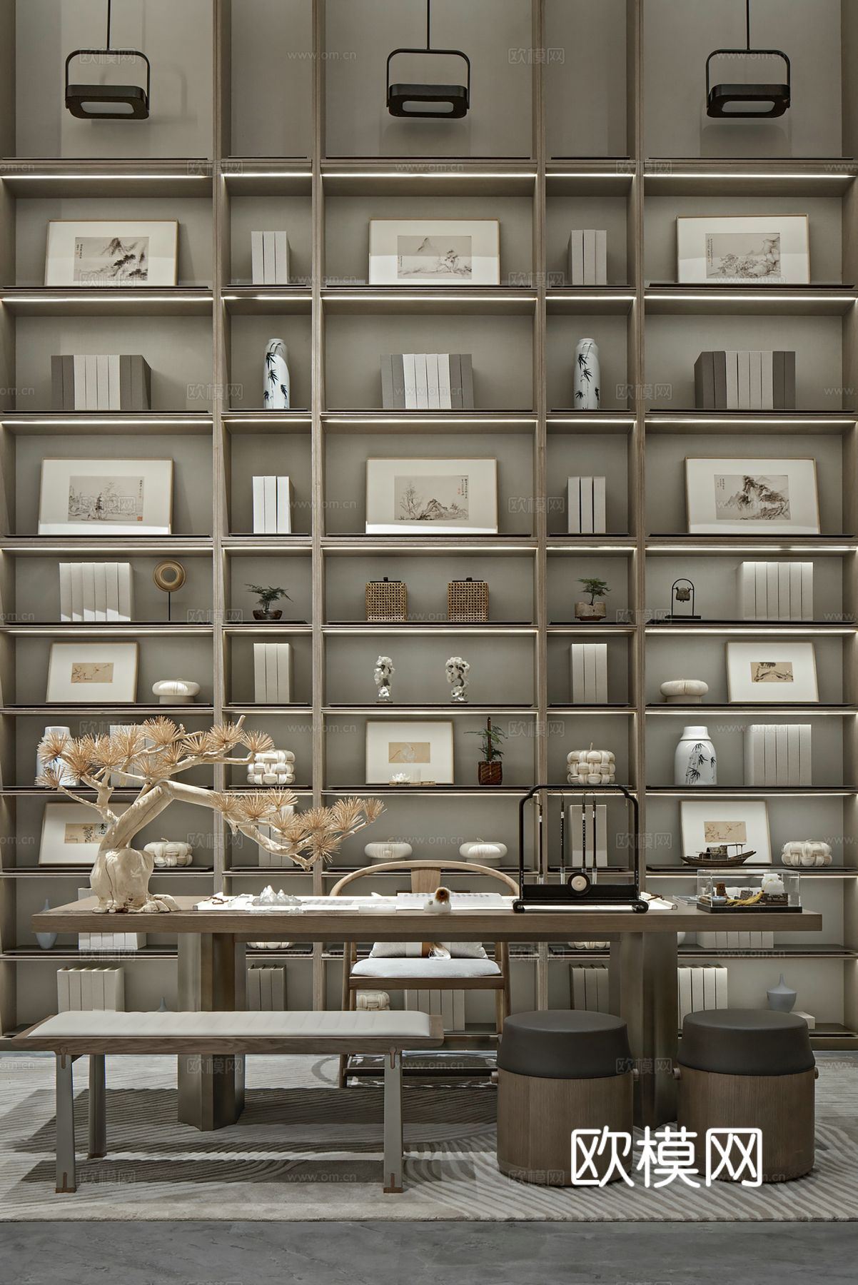 新中式侘寂风别墅高级灰卧室餐厅客厅大平层效果图下载（渲染图6）