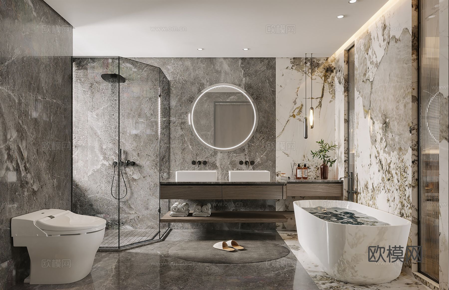 现代别墅高级灰卧室餐厅客厅大平层效果图下载（渲染图5）