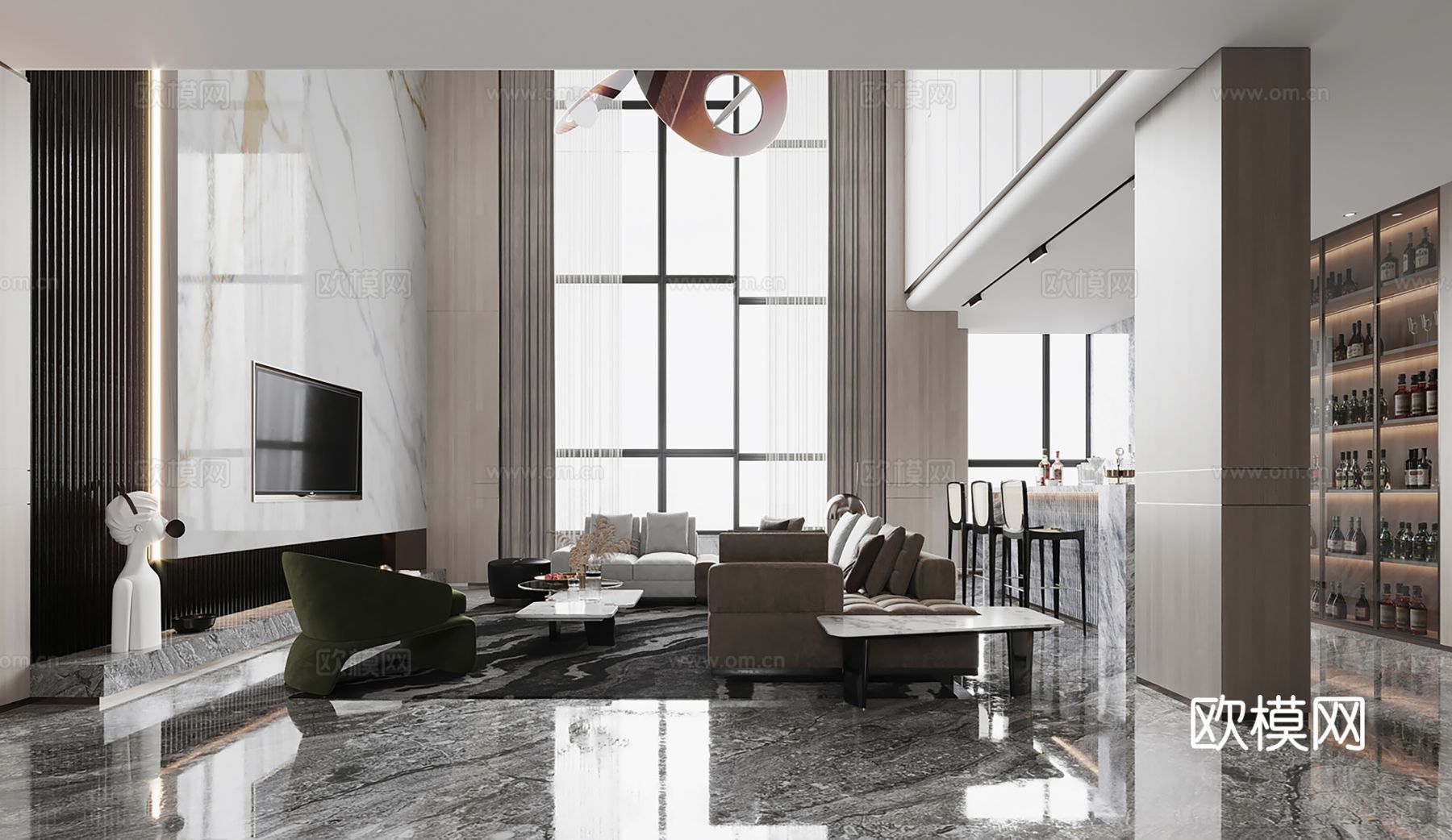 现代别墅高级灰卧室餐厅客厅大平层效果图下载（渲染图12）