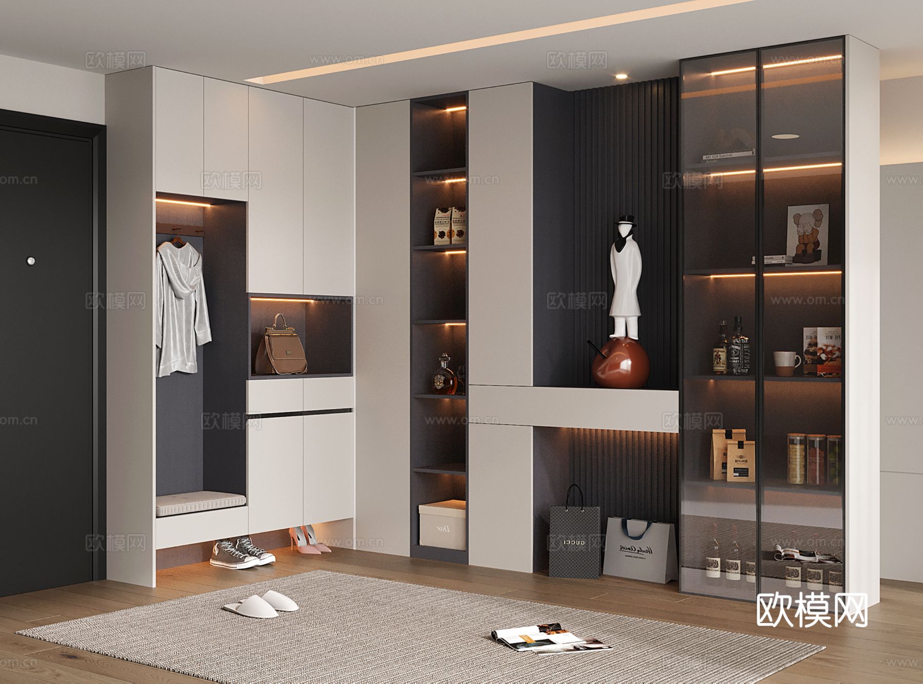 现代转角鞋柜酒柜一体 鞋柜 换鞋凳 酒柜su模型