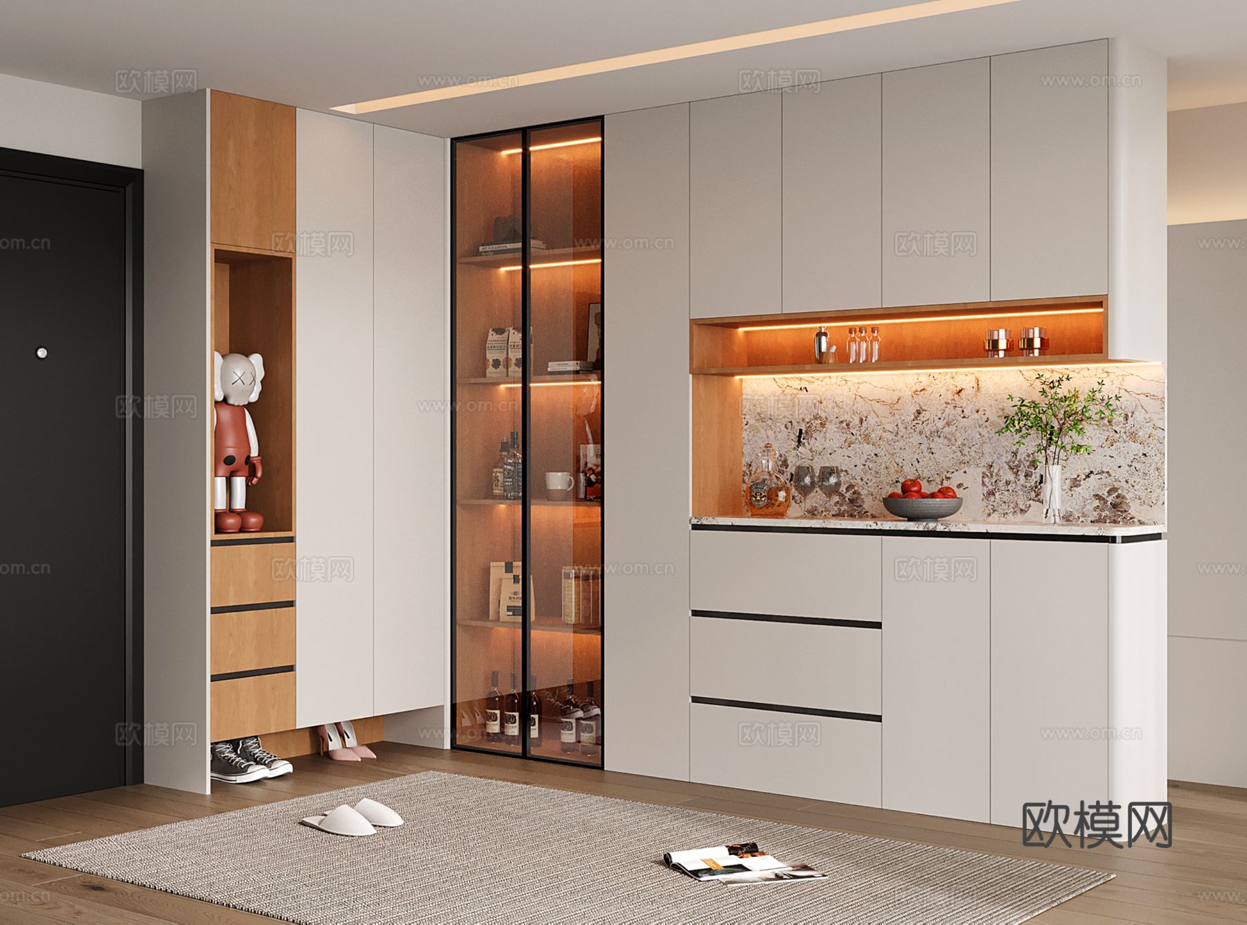 现代圆角酒柜 鞋柜 转角鞋柜酒柜一体 玻璃门酒柜su模型