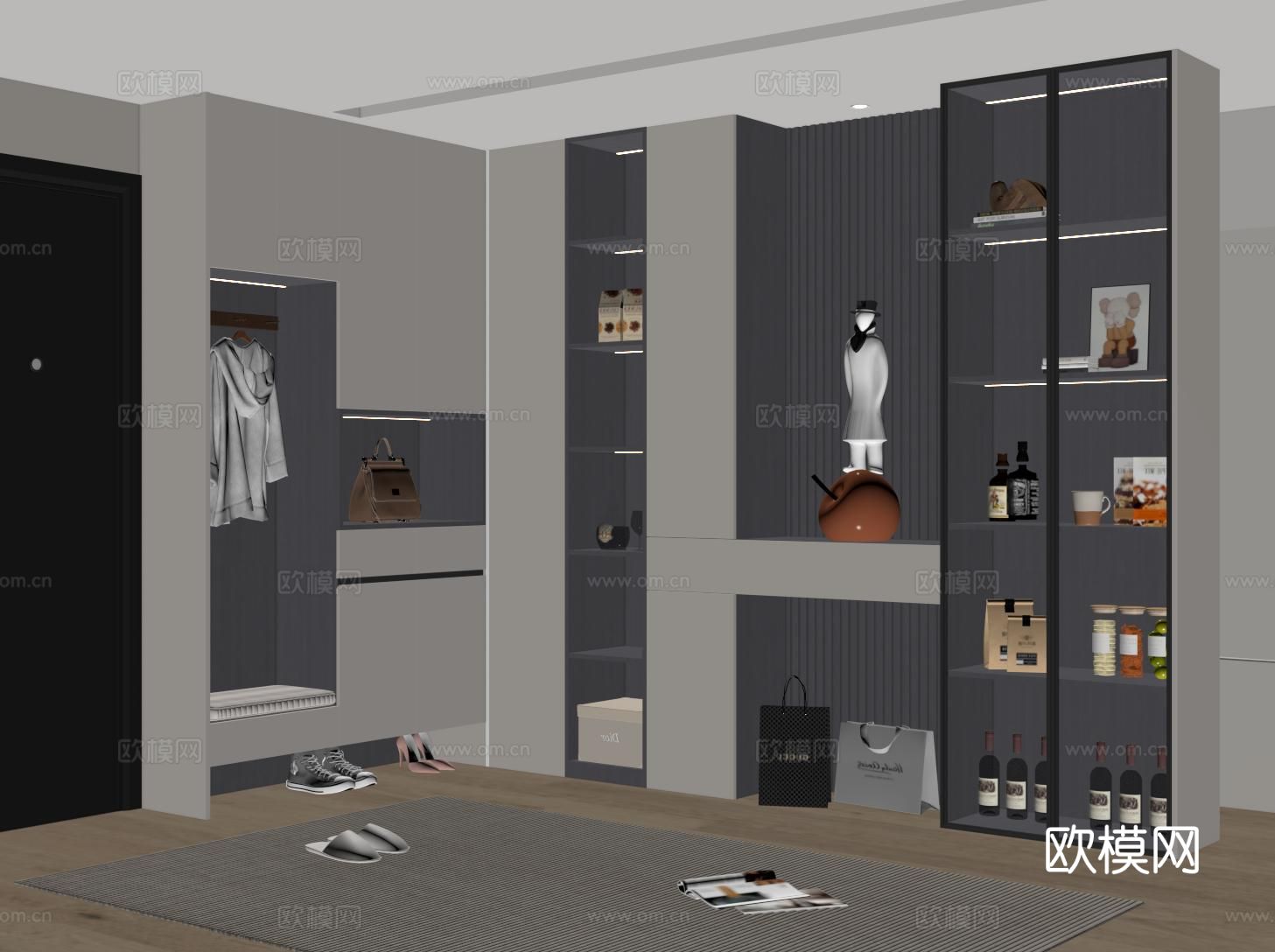 现代转角鞋柜酒柜一体 鞋柜 换鞋凳 酒柜su模型