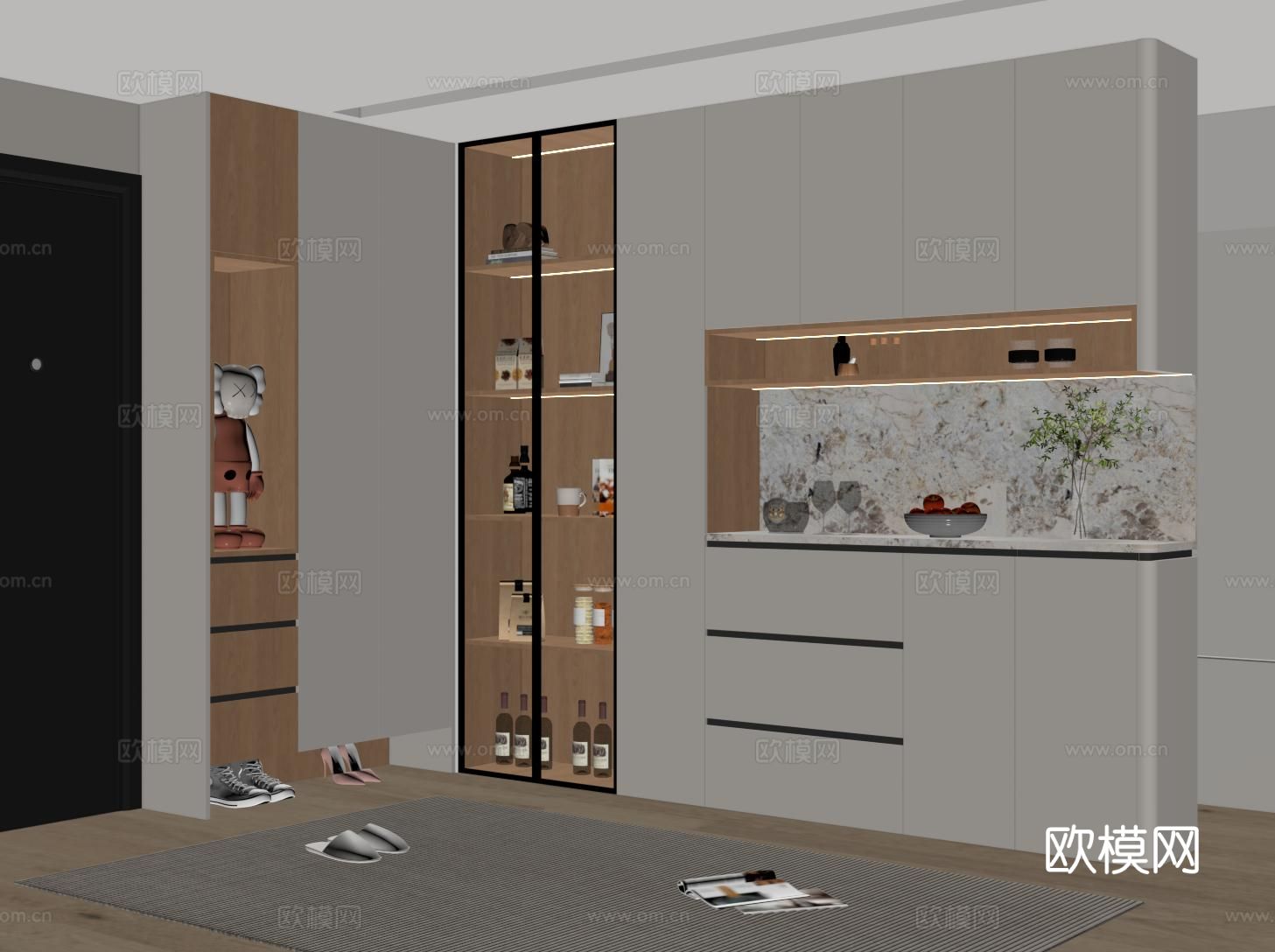 现代圆角酒柜 鞋柜 转角鞋柜酒柜一体 玻璃门酒柜su模型
