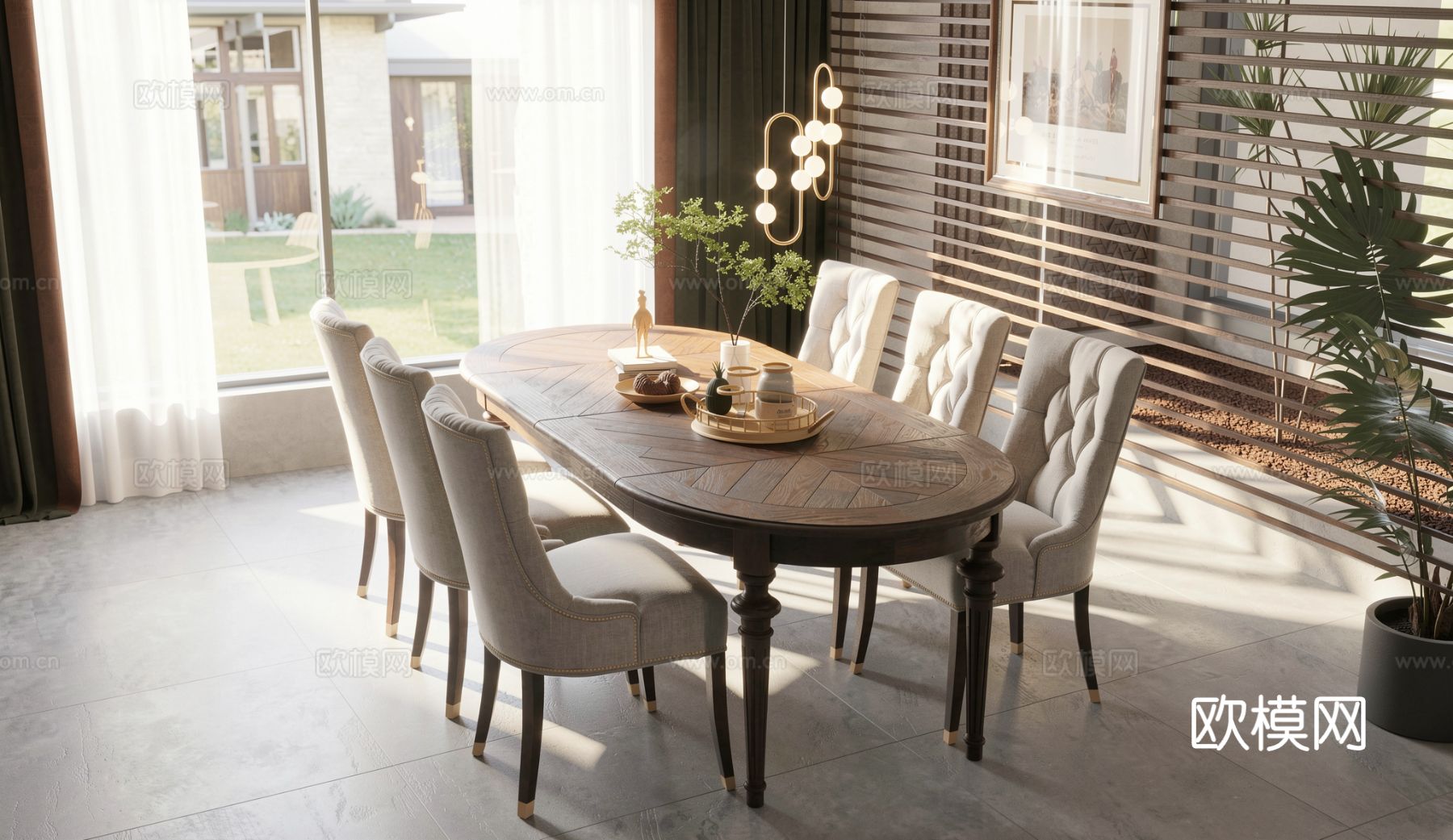 美式餐厅餐桌椅组合su模型