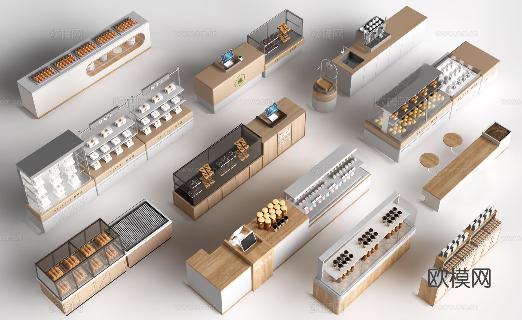 现代咖啡吧台 甜品店货架 收银台 服务台su模型