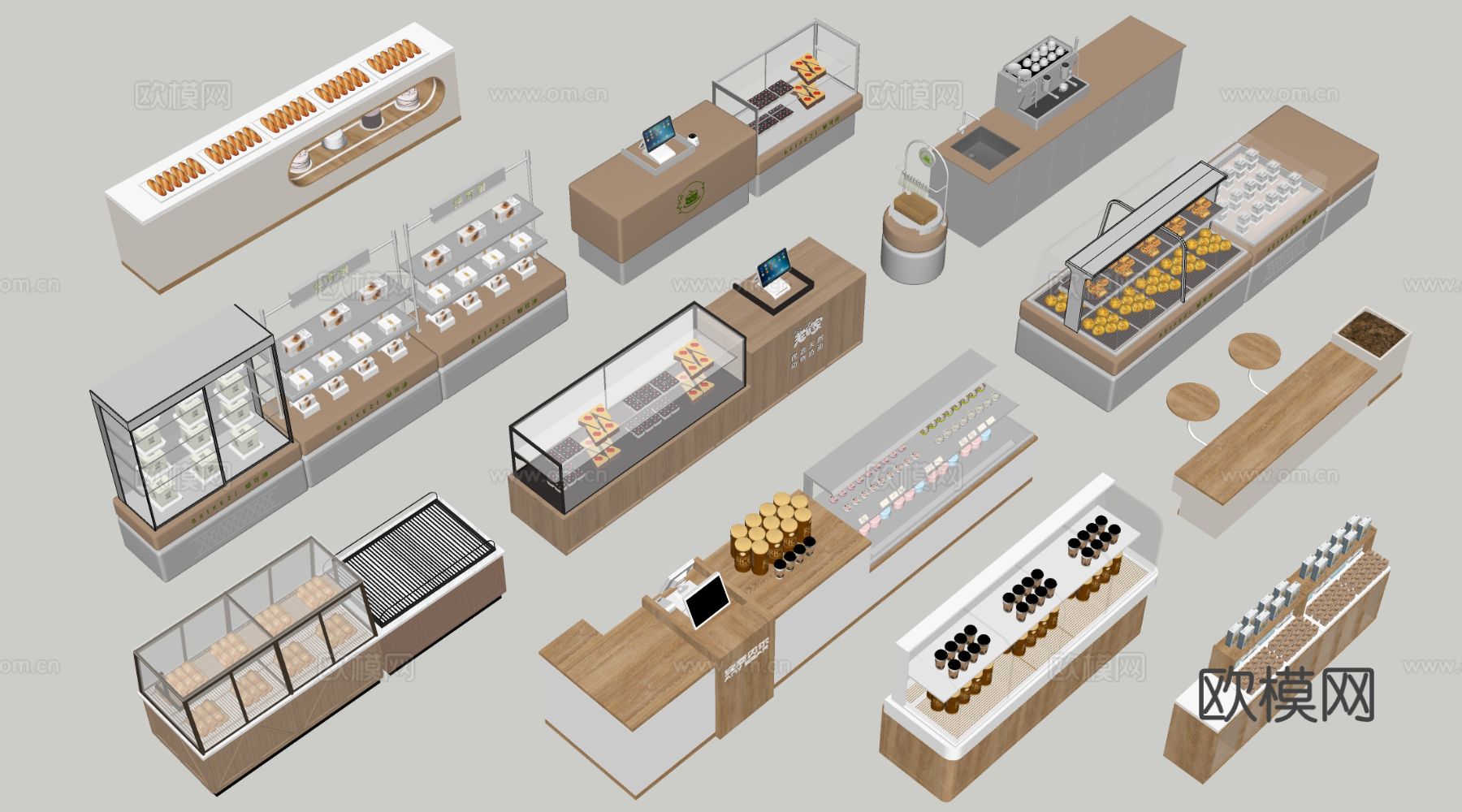 现代咖啡吧台 甜品店货架 收银台 服务台su模型